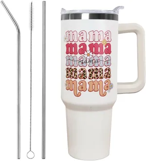 Ceovfoi 40 oz Mama Vacuum Insulated Water Bottle Travel Coffee Mug Cup Tumbler with Handle Lid and Straw, Mothers Day Gifts from Daughter, Birthday Gifts for Mom