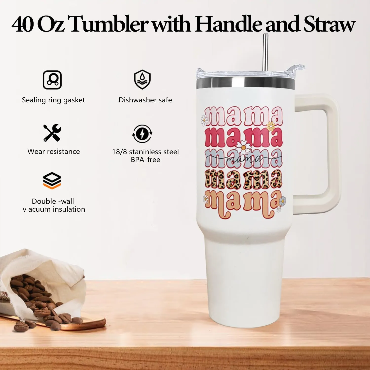 Ceovfoi 40 oz Mama Vacuum Insulated Water Bottle Travel Coffee Mug Cup Tumbler with Handle Lid and Straw, Mothers Day Gifts from Daughter, Birthday Gifts for Mom