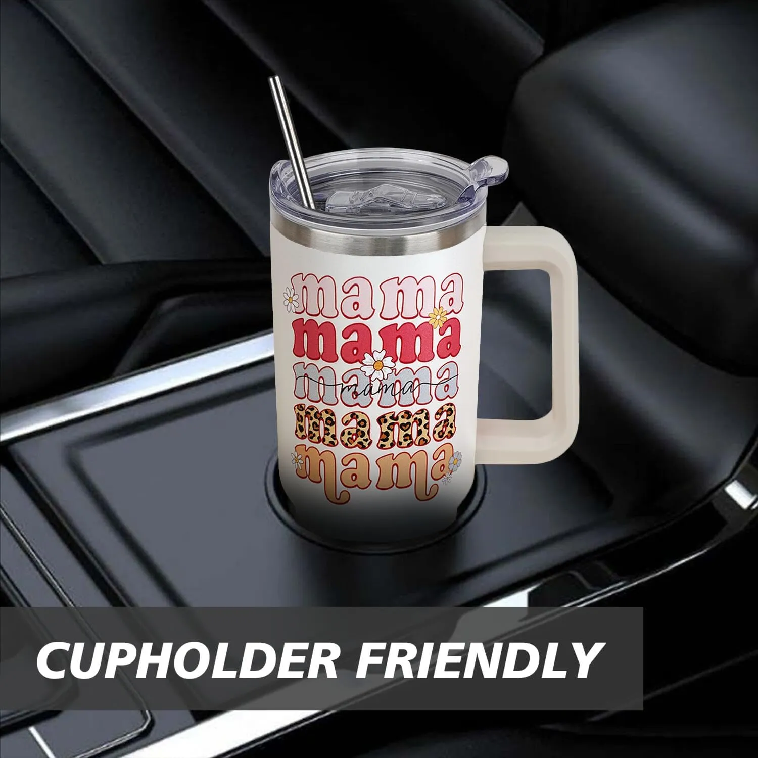 Ceovfoi 40 oz Mama Vacuum Insulated Water Bottle Travel Coffee Mug Cup Tumbler with Handle Lid and Straw, Mothers Day Gifts from Daughter, Birthday Gifts for Mom