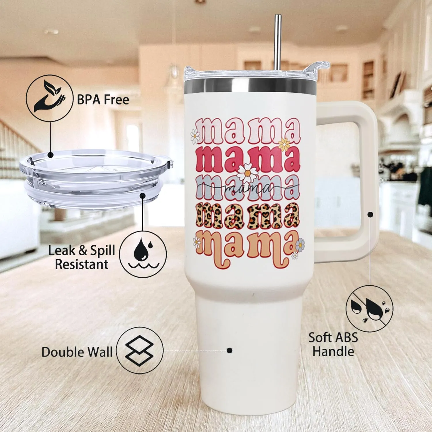 Ceovfoi 40 oz Mama Vacuum Insulated Water Bottle Travel Coffee Mug Cup Tumbler with Handle Lid and Straw, Mothers Day Gifts from Daughter, Birthday Gifts for Mom