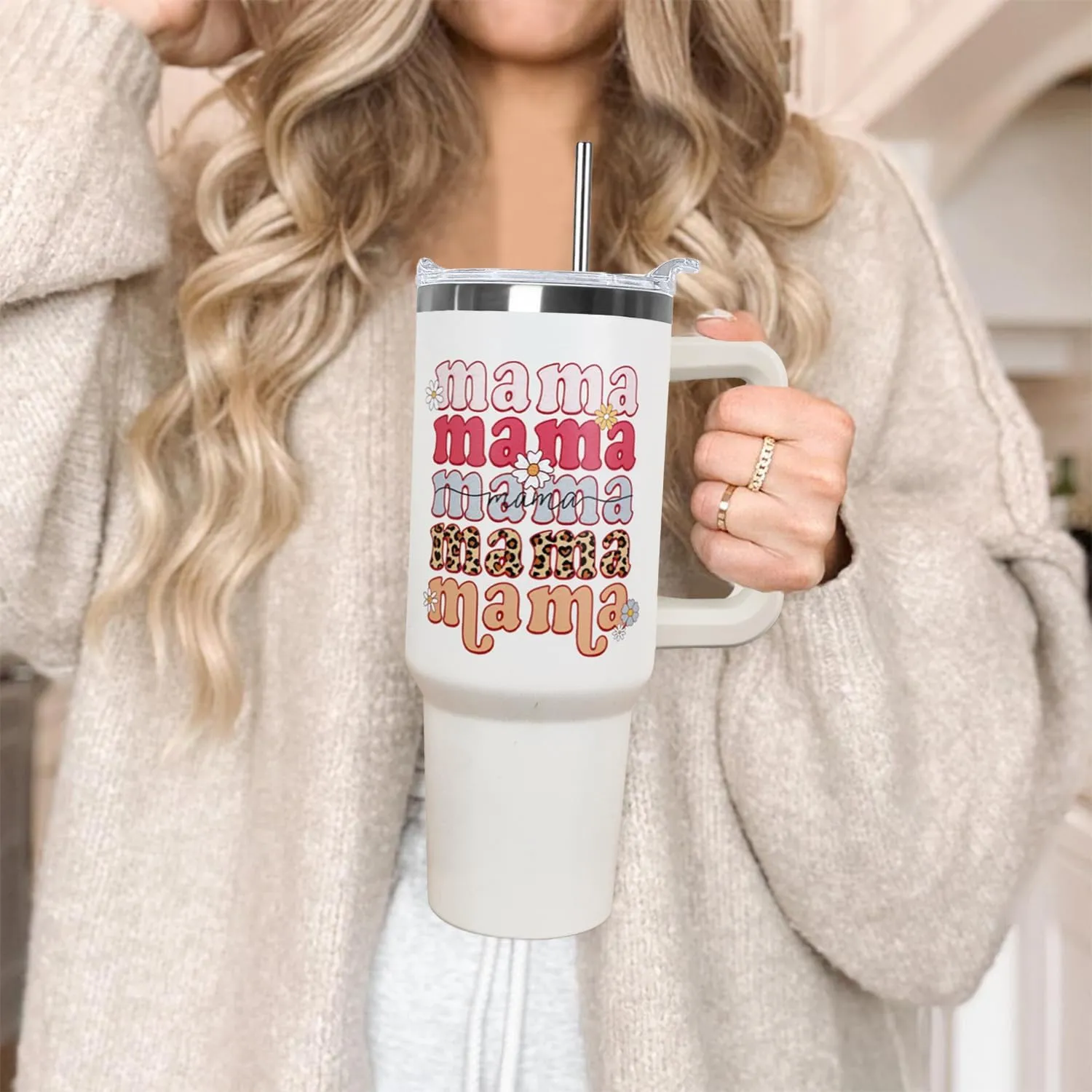 Ceovfoi 40 oz Mama Vacuum Insulated Water Bottle Travel Coffee Mug Cup Tumbler with Handle Lid and Straw, Mothers Day Gifts from Daughter, Birthday Gifts for Mom
