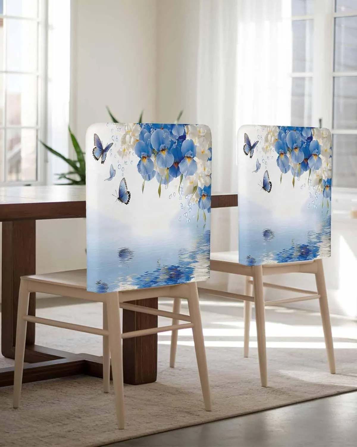 Chair Covers Set of 4 Butterfly Blue-White Flowers Flower Chair Back Covers Stretch Removable Washable Slipcovers Seat Protector for Dining Room Kitchen Party Decor