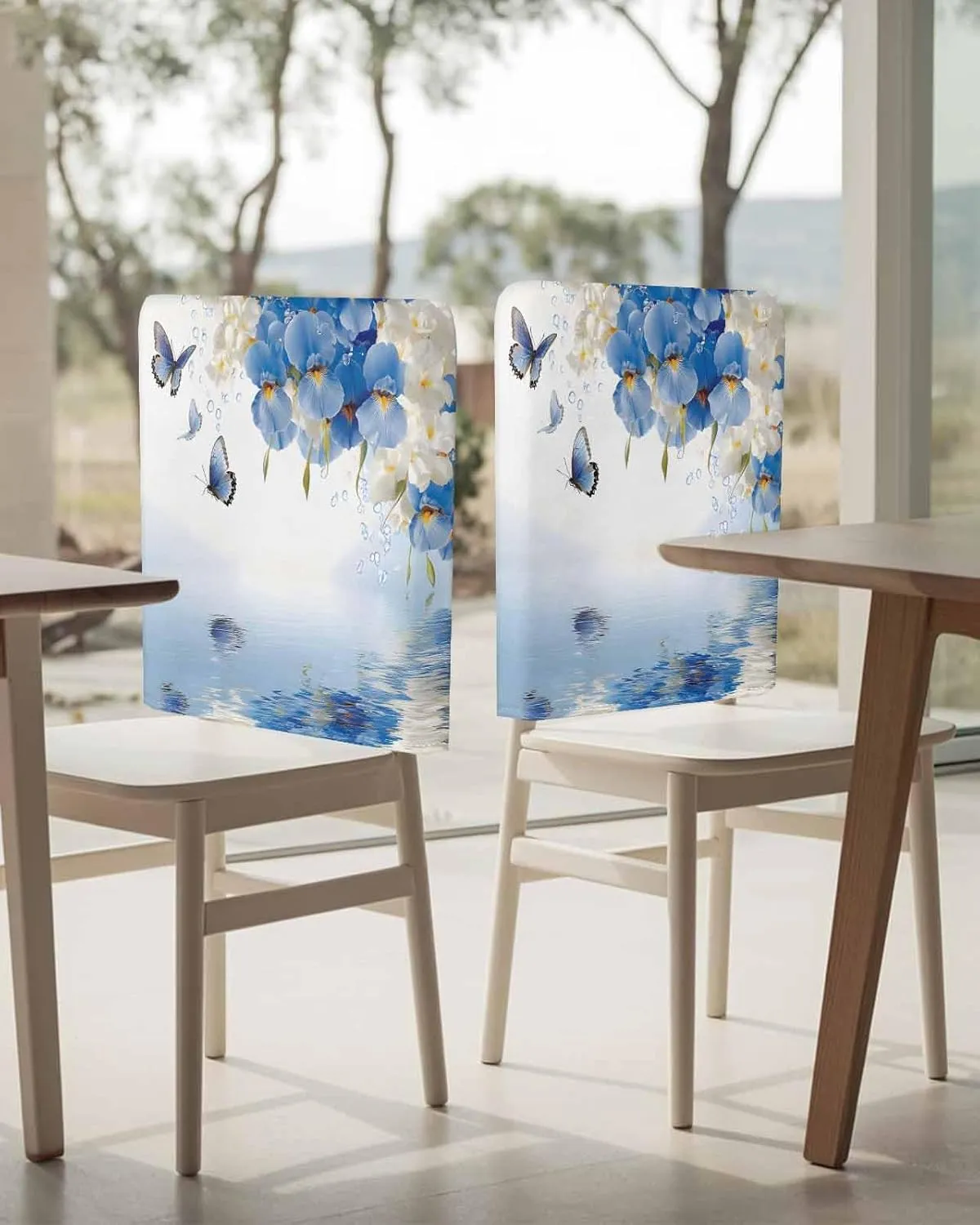Chair Covers Set of 4 Butterfly Blue-White Flowers Flower Chair Back Covers Stretch Removable Washable Slipcovers Seat Protector for Dining Room Kitchen Party Decor