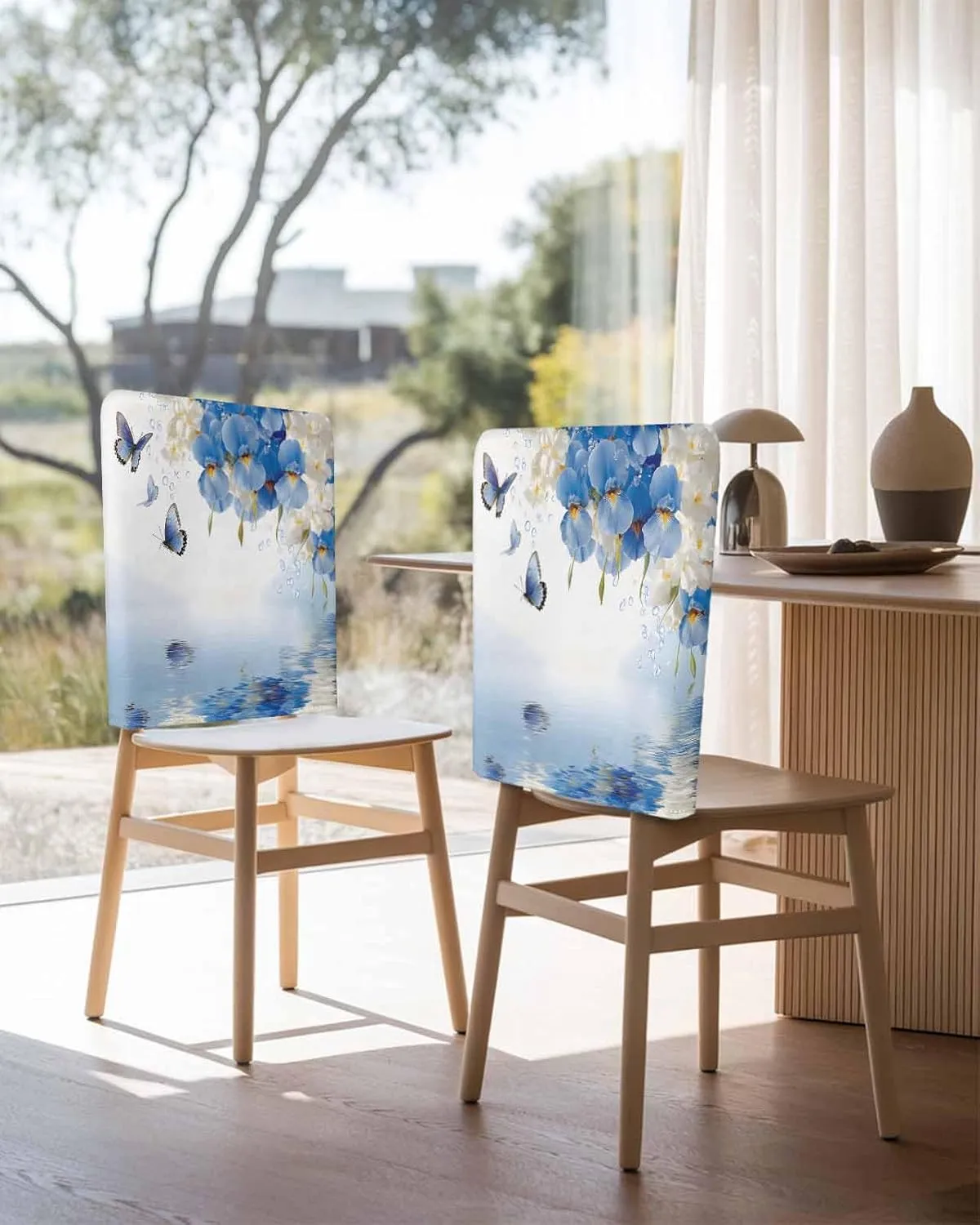 Chair Covers Set of 4 Butterfly Blue-White Flowers Flower Chair Back Covers Stretch Removable Washable Slipcovers Seat Protector for Dining Room Kitchen Party Decor