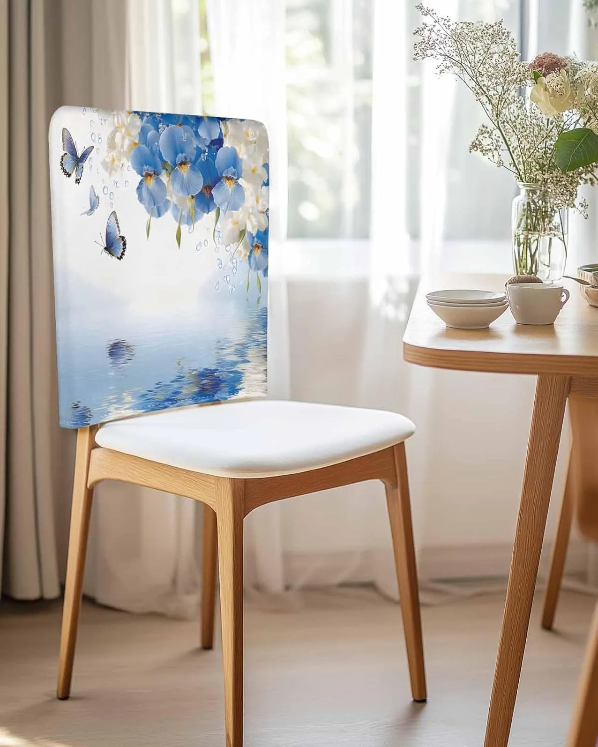 Chair Covers Set of 4 Butterfly Blue-White Flowers Flower Chair Back Covers Stretch Removable Washable Slipcovers Seat Protector for Dining Room Kitchen Party Decor