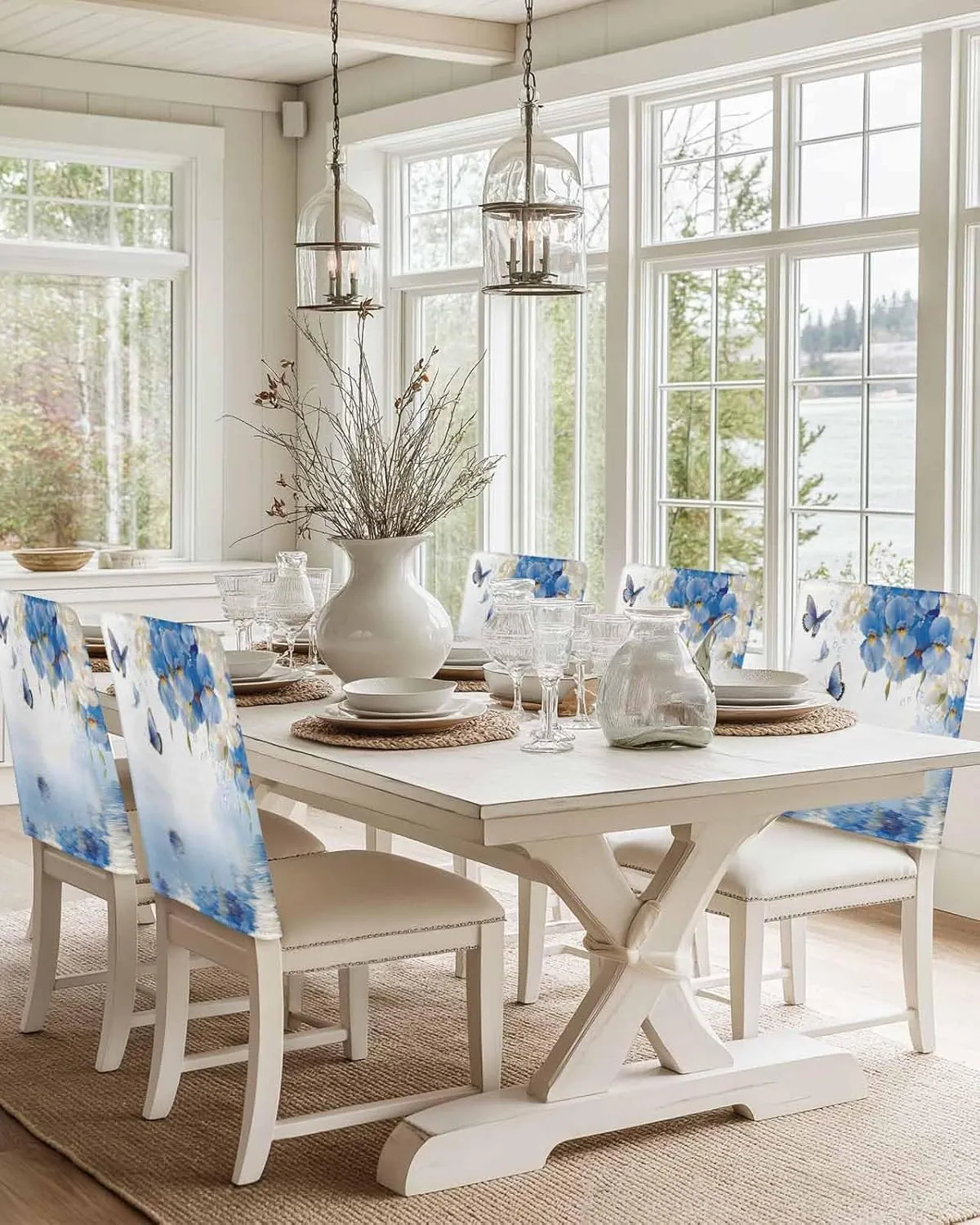 Chair Covers Set of 4 Butterfly Blue-White Flowers Flower Chair Back Covers Stretch Removable Washable Slipcovers Seat Protector for Dining Room Kitchen Party Decor