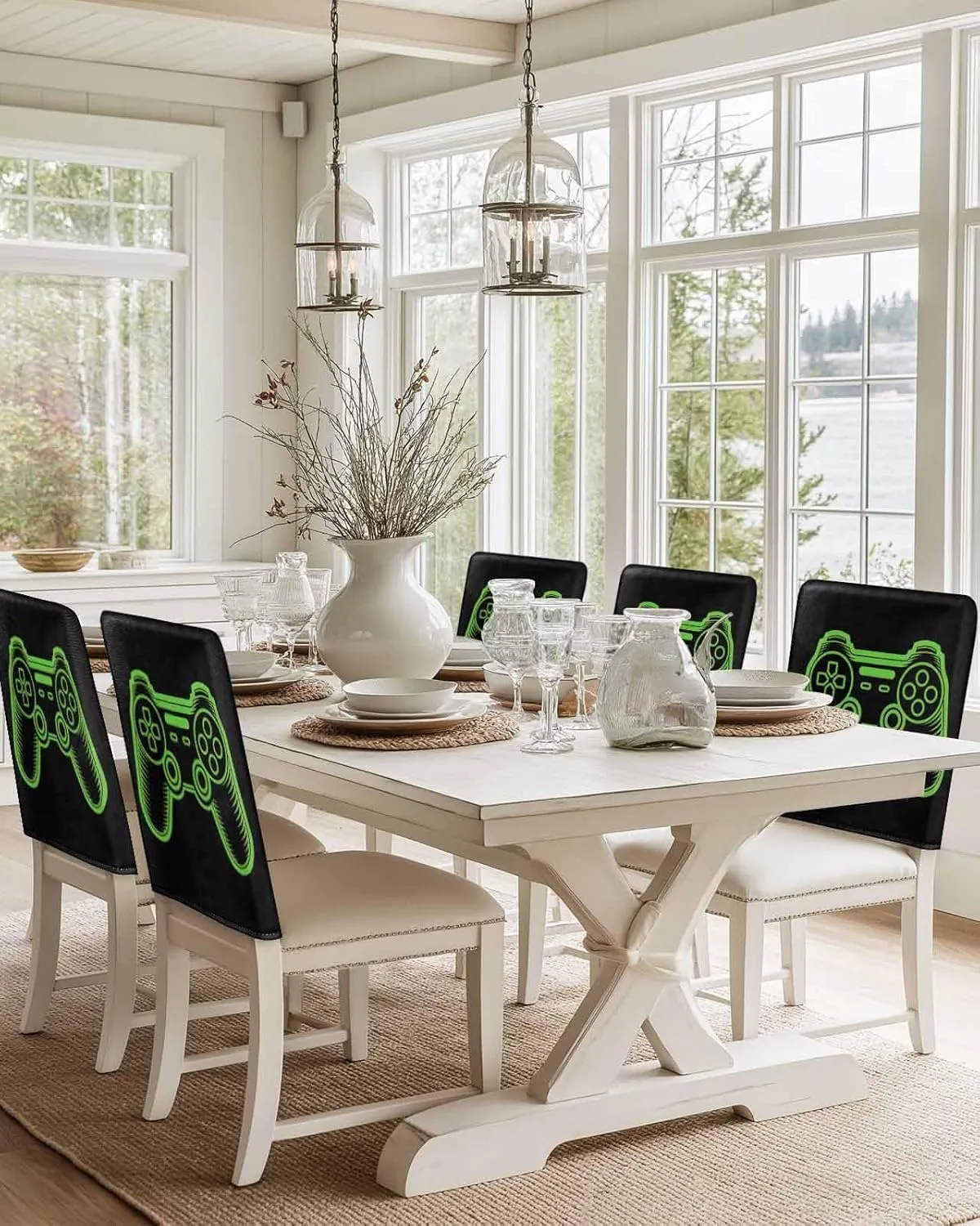 Chair Covers Set of 4 Game Art Decor Chair Back Covers Stretch Removable Washable Slipcovers Seat Protector for Dining Room Kitchen Party Decor