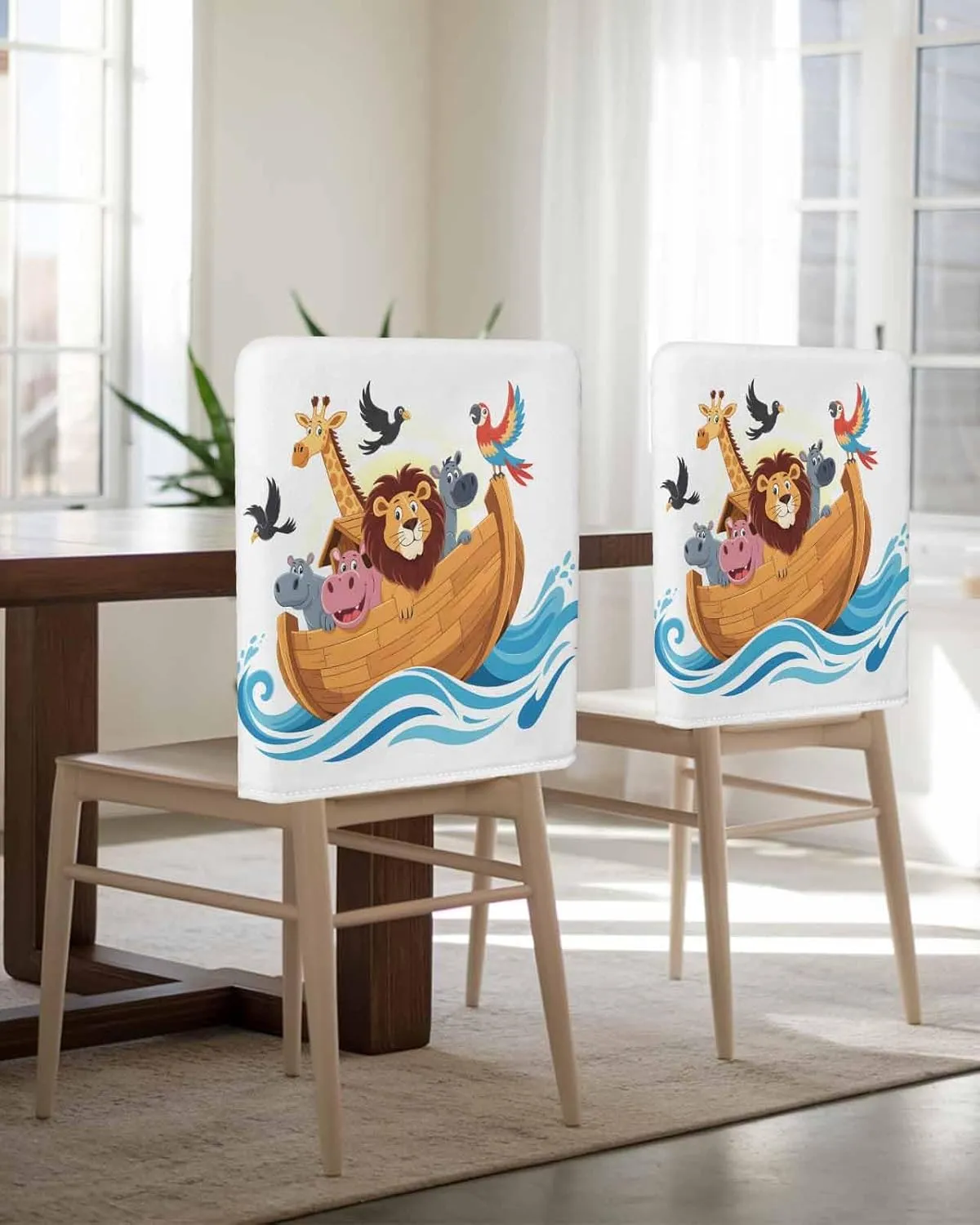 Chair Covers Set of 4 Legend Cartoon Noah's Ark Chair Back Covers Stretch Removable Washable Slipcovers Seat Protector for Dining Room Kitchen Party Decor
