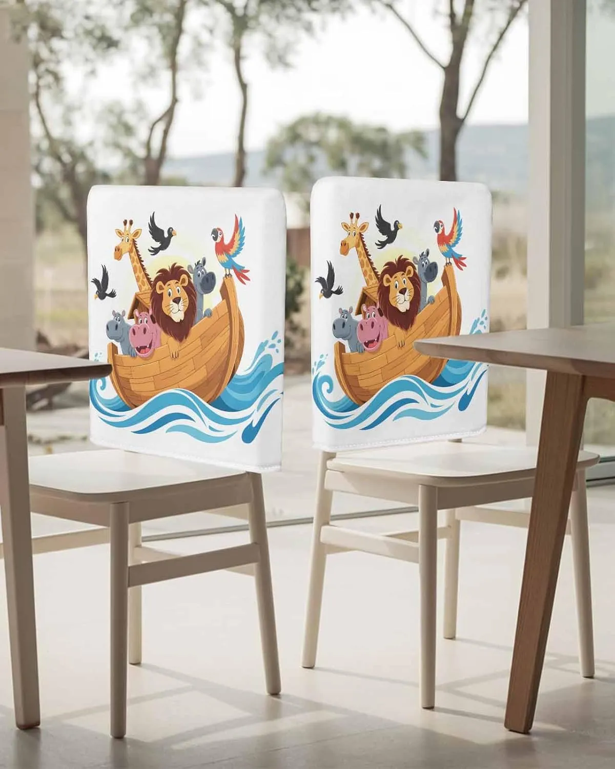 Chair Covers Set of 4 Legend Cartoon Noah's Ark Chair Back Covers Stretch Removable Washable Slipcovers Seat Protector for Dining Room Kitchen Party Decor