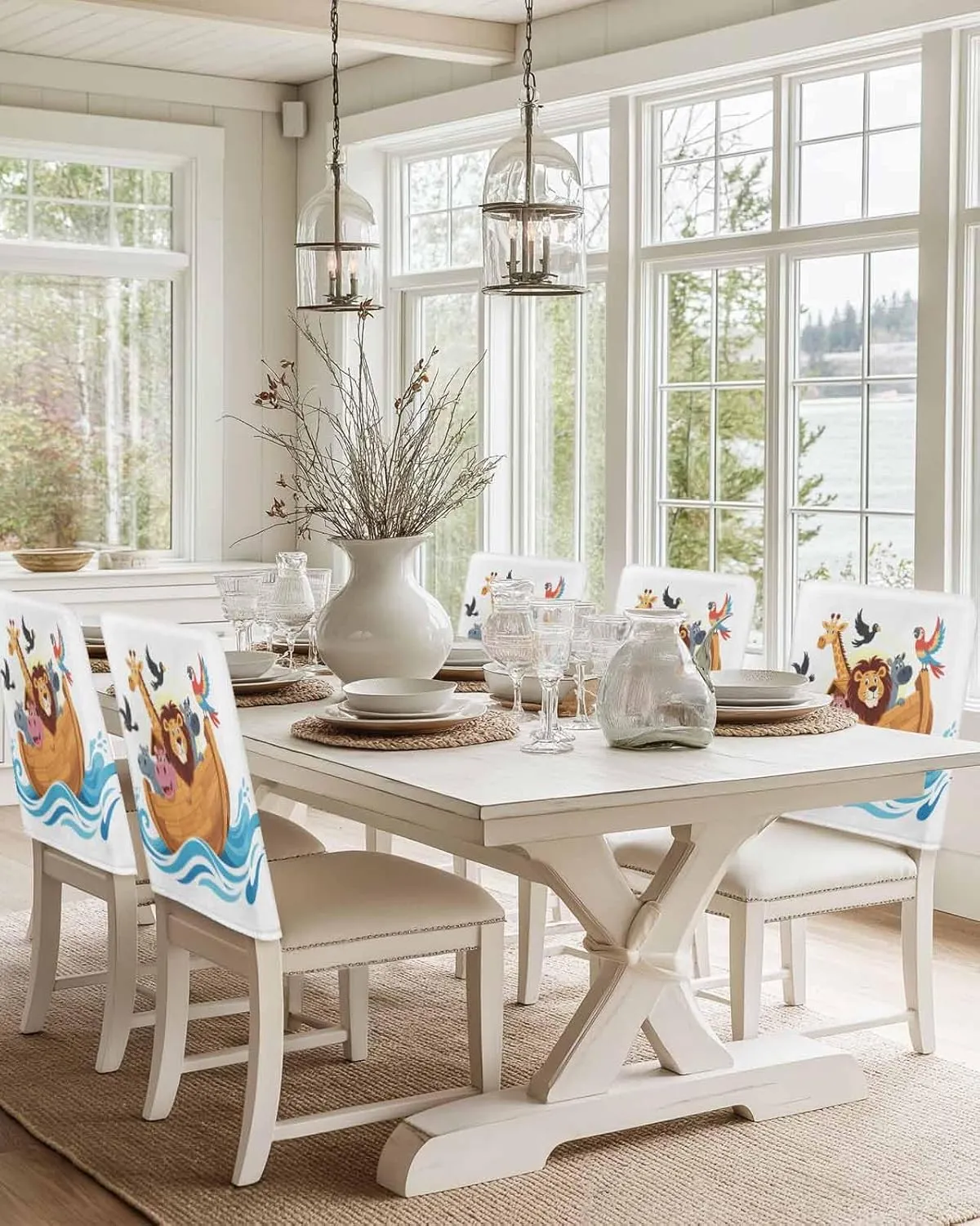 Chair Covers Set of 4 Legend Cartoon Noah's Ark Chair Back Covers Stretch Removable Washable Slipcovers Seat Protector for Dining Room Kitchen Party Decor