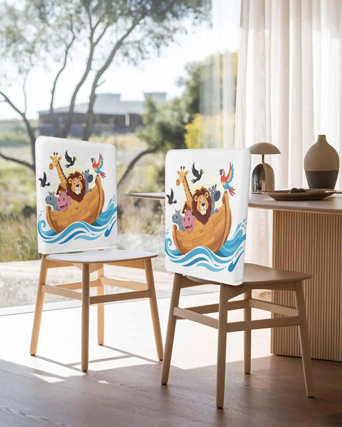 Chair Covers Set of 4 Legend Cartoon Noah's Ark Chair Back Covers Stretch Removable Washable Slipcovers Seat Protector for Dining Room Kitchen Party Decor