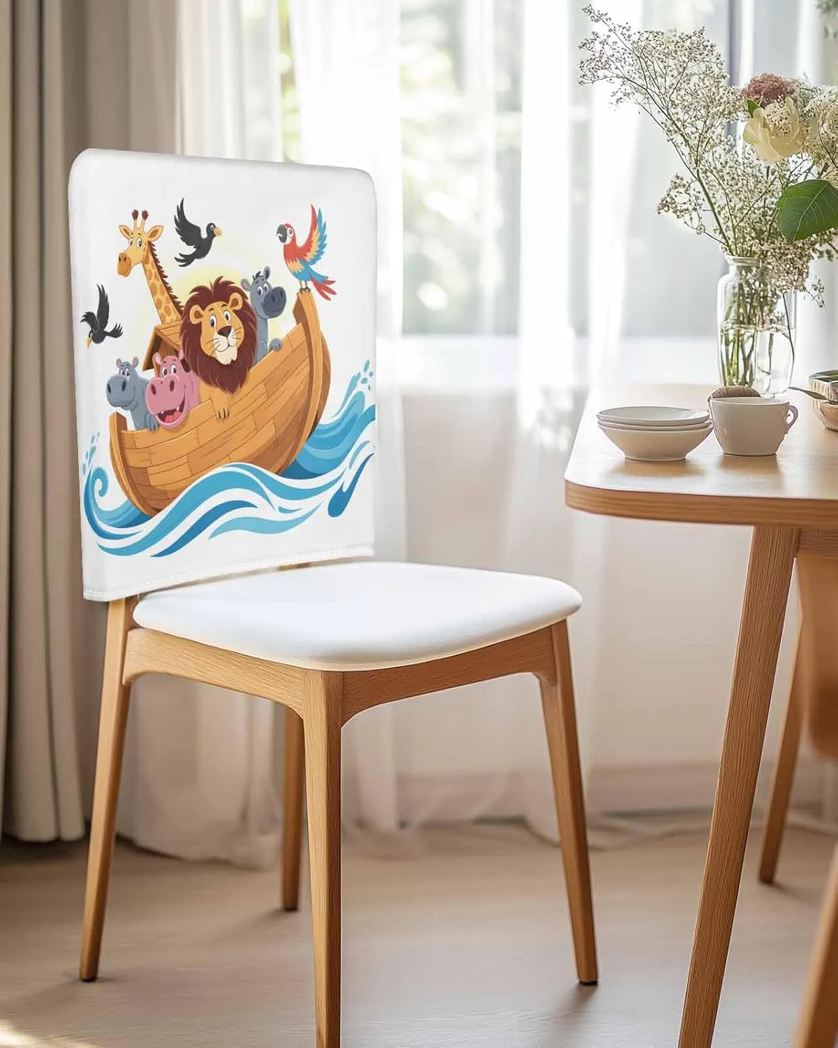 Chair Covers Set of 4 Legend Cartoon Noah's Ark Chair Back Covers Stretch Removable Washable Slipcovers Seat Protector for Dining Room Kitchen Party Decor