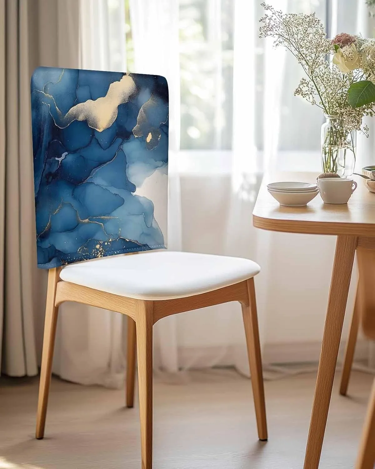Chair Covers Set of 6 Abstract Art Marble Blue Chair Back Covers Stretch Removable Washable Slipcovers Seat Protector for Dining Room Kitchen Party Decor