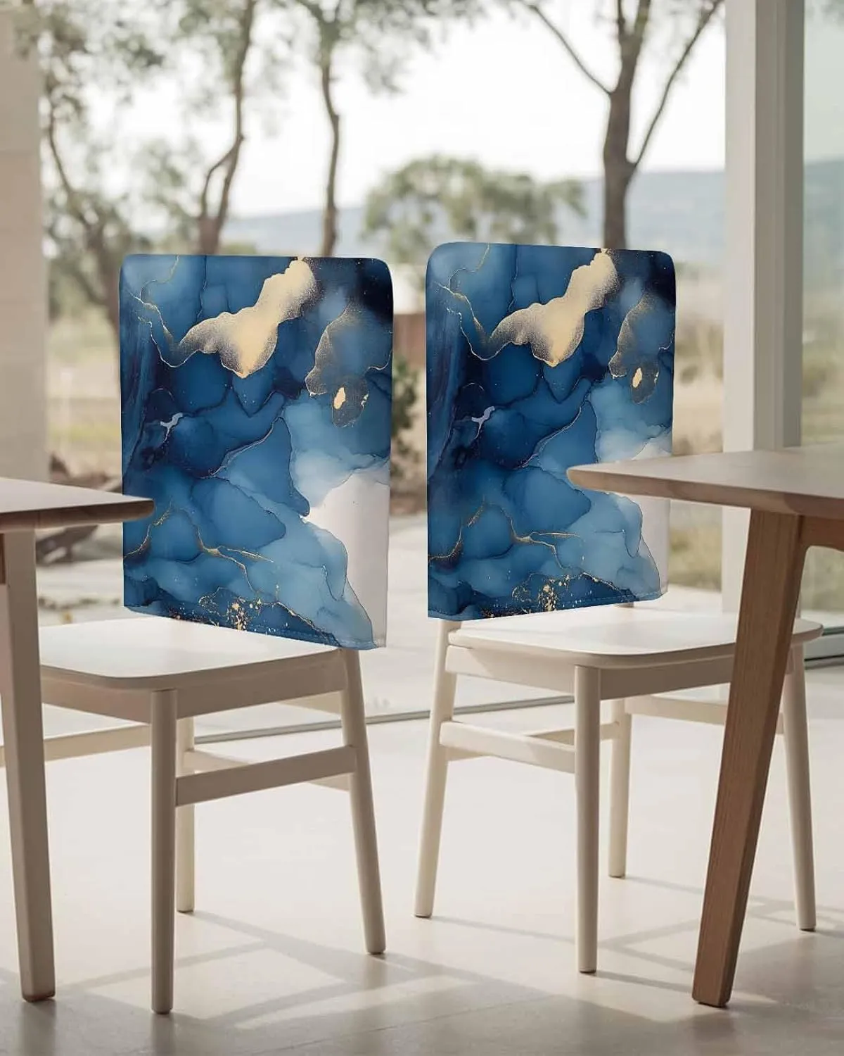 Chair Covers Set of 6 Abstract Art Marble Blue Chair Back Covers Stretch Removable Washable Slipcovers Seat Protector for Dining Room Kitchen Party Decor
