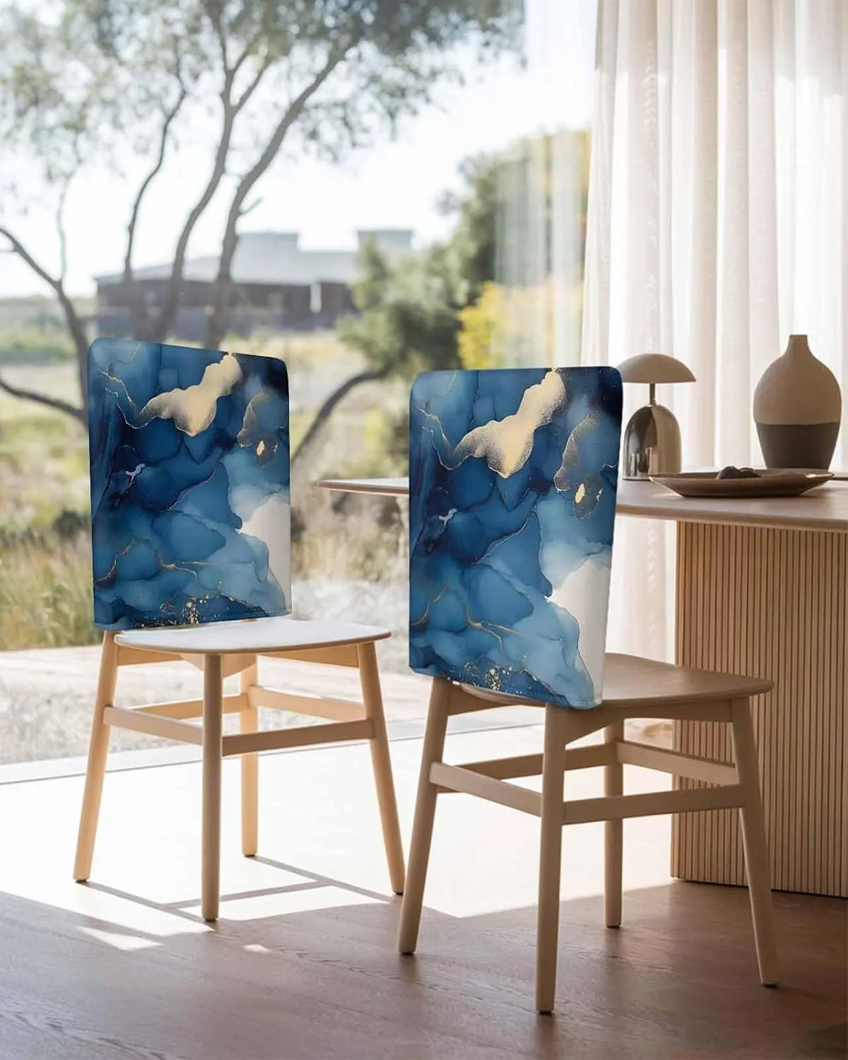 Chair Covers Set of 6 Abstract Art Marble Blue Chair Back Covers Stretch Removable Washable Slipcovers Seat Protector for Dining Room Kitchen Party Decor