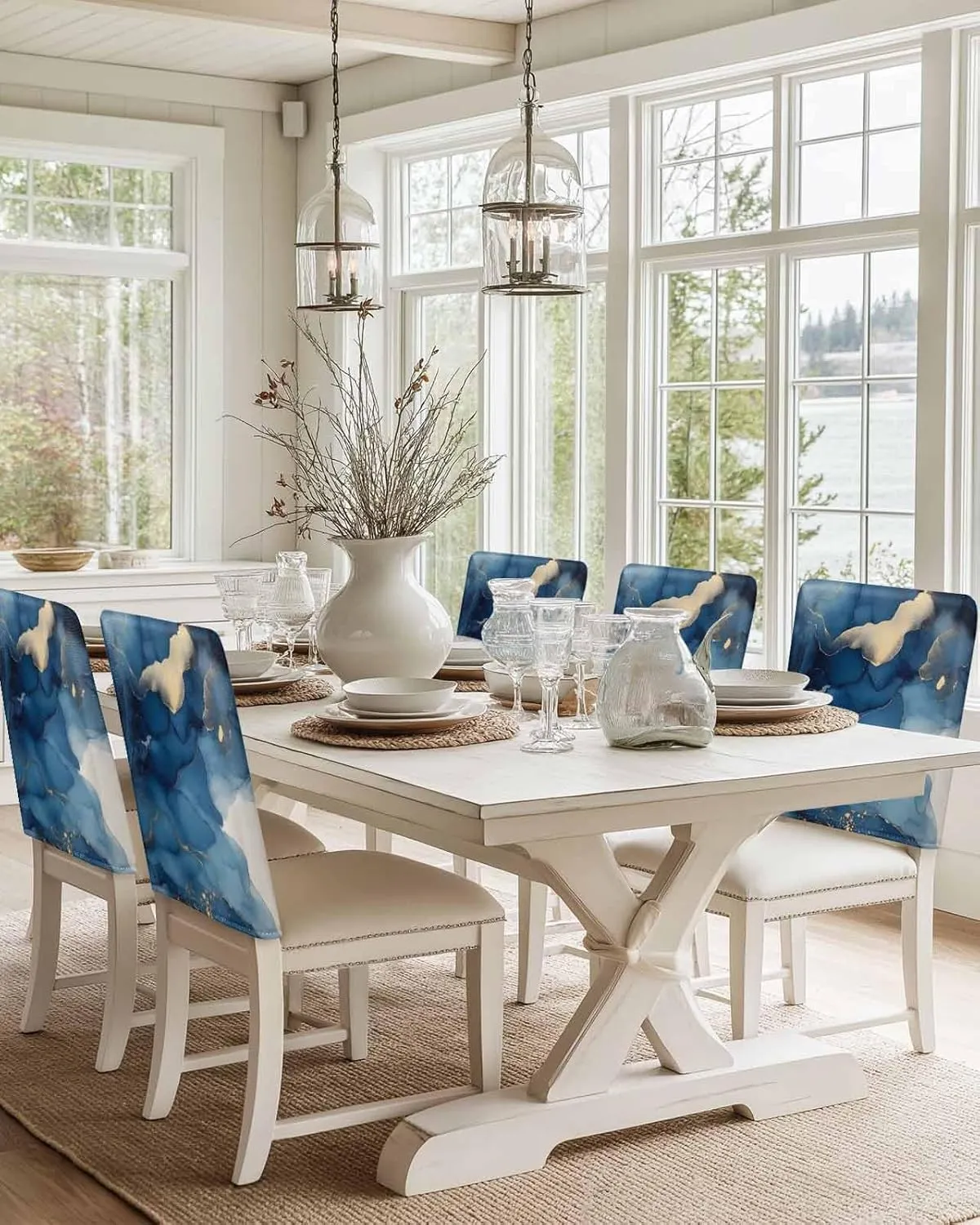 Chair Covers Set of 6 Abstract Art Marble Blue Chair Back Covers Stretch Removable Washable Slipcovers Seat Protector for Dining Room Kitchen Party Decor