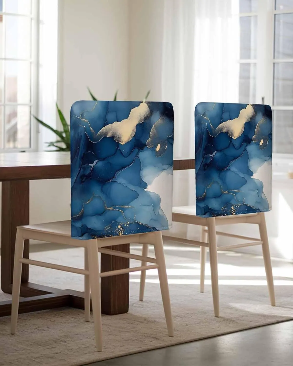 Chair Covers Set of 6 Abstract Art Marble Blue Chair Back Covers Stretch Removable Washable Slipcovers Seat Protector for Dining Room Kitchen Party Decor