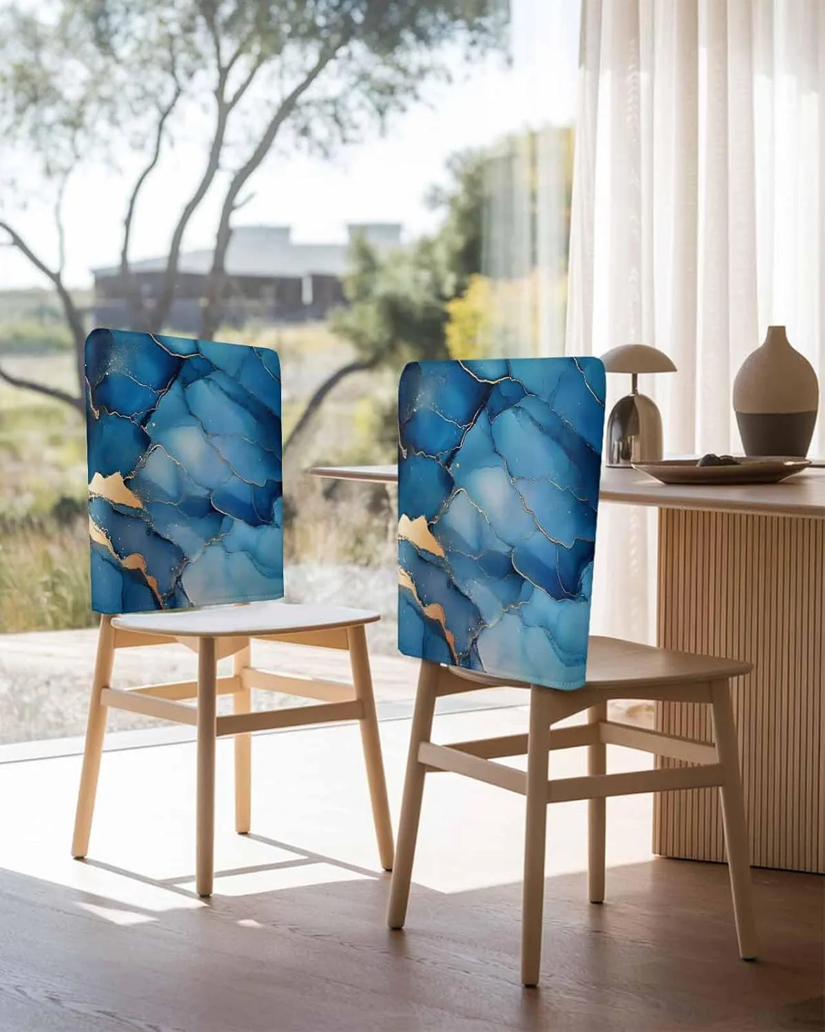 Chair Covers Set of 6 Blue Abstract Art Marble 7 Chair Back Covers Stretch Removable Washable Slipcovers Seat Protector for Dining Room Kitchen Party Decor