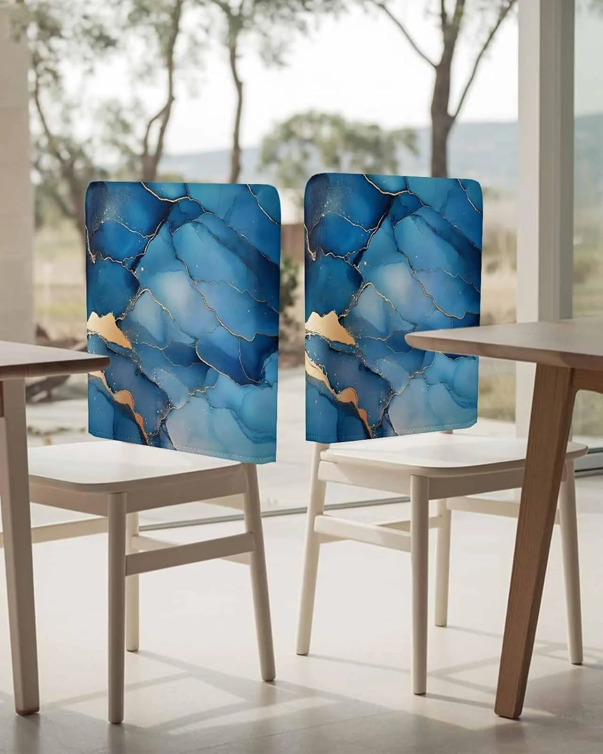 Chair Covers Set of 6 Blue Abstract Art Marble 7 Chair Back Covers Stretch Removable Washable Slipcovers Seat Protector for Dining Room Kitchen Party Decor