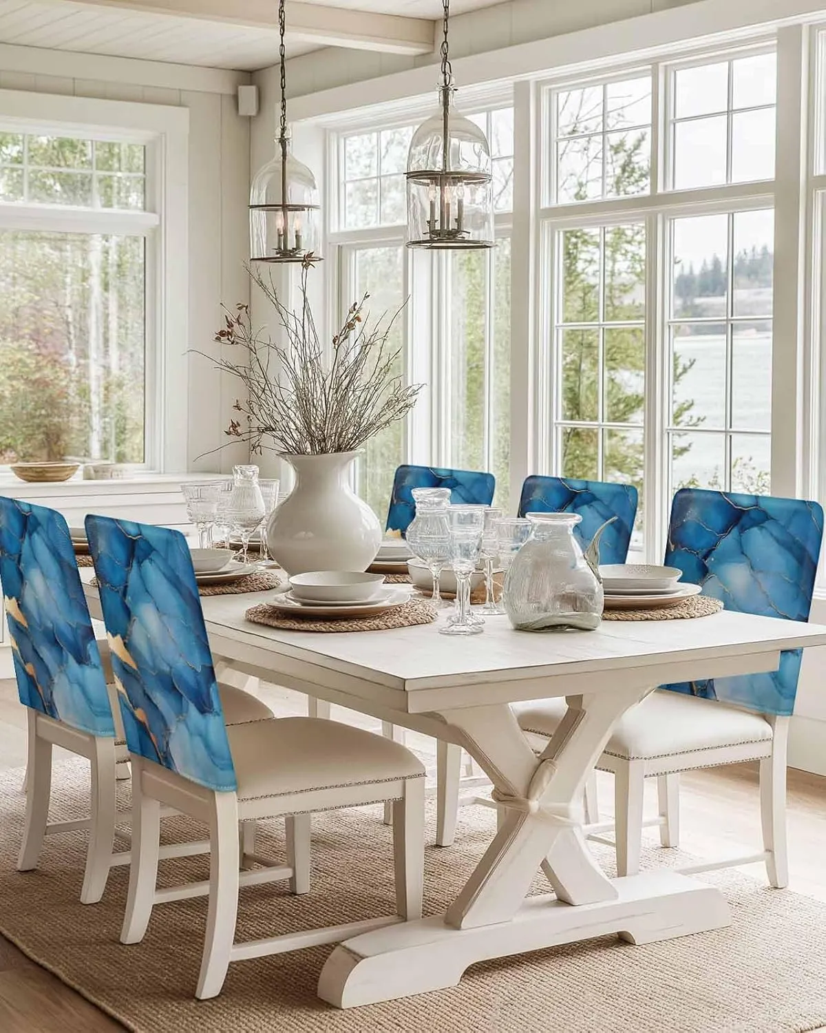 Chair Covers Set of 6 Blue Abstract Art Marble 7 Chair Back Covers Stretch Removable Washable Slipcovers Seat Protector for Dining Room Kitchen Party Decor