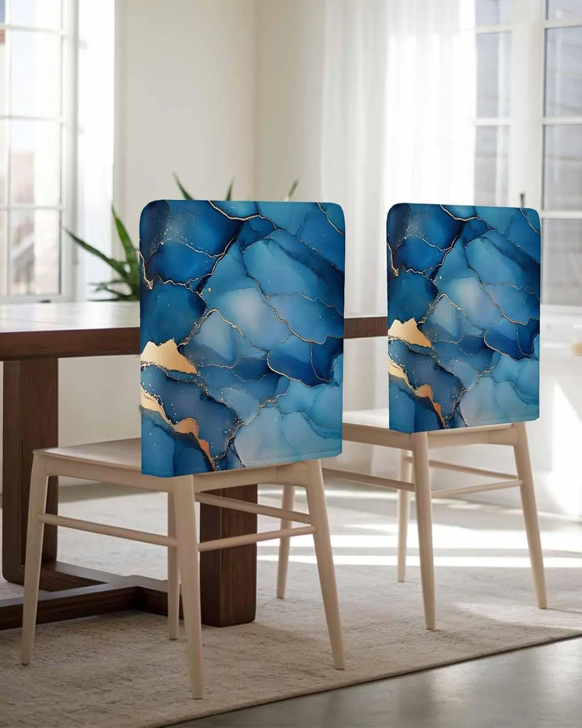 Chair Covers Set of 6 Blue Abstract Art Marble 7 Chair Back Covers Stretch Removable Washable Slipcovers Seat Protector for Dining Room Kitchen Party Decor