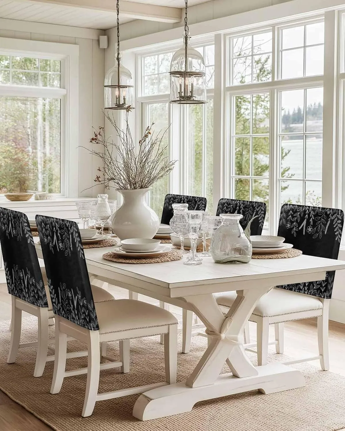 Chair Covers Set of 6 Leaf Pastoral Plant Chair Back Covers Stretch Removable Washable Slipcovers Seat Protector for Dining Room Kitchen Party Decor