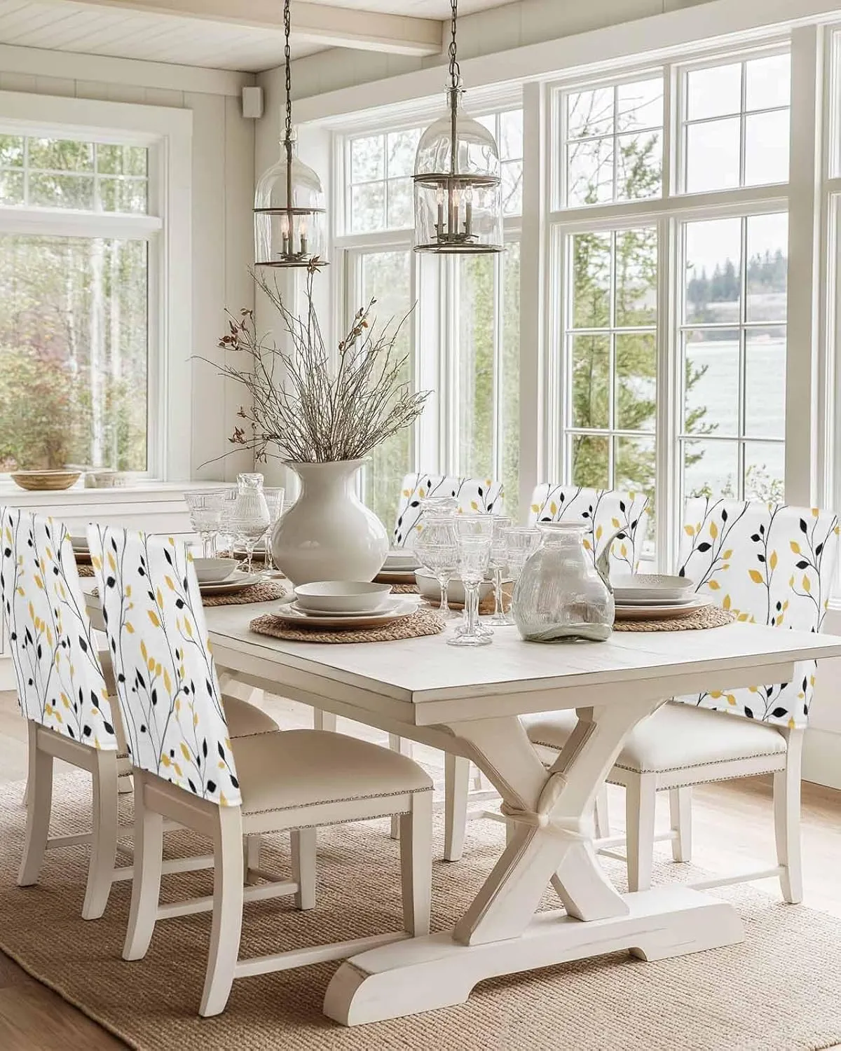 Chair Covers Set of 6 Leaves Lines Branches Chair Back Covers Stretch Removable Washable Slipcovers Seat Protector for Dining Room Kitchen Party Decor