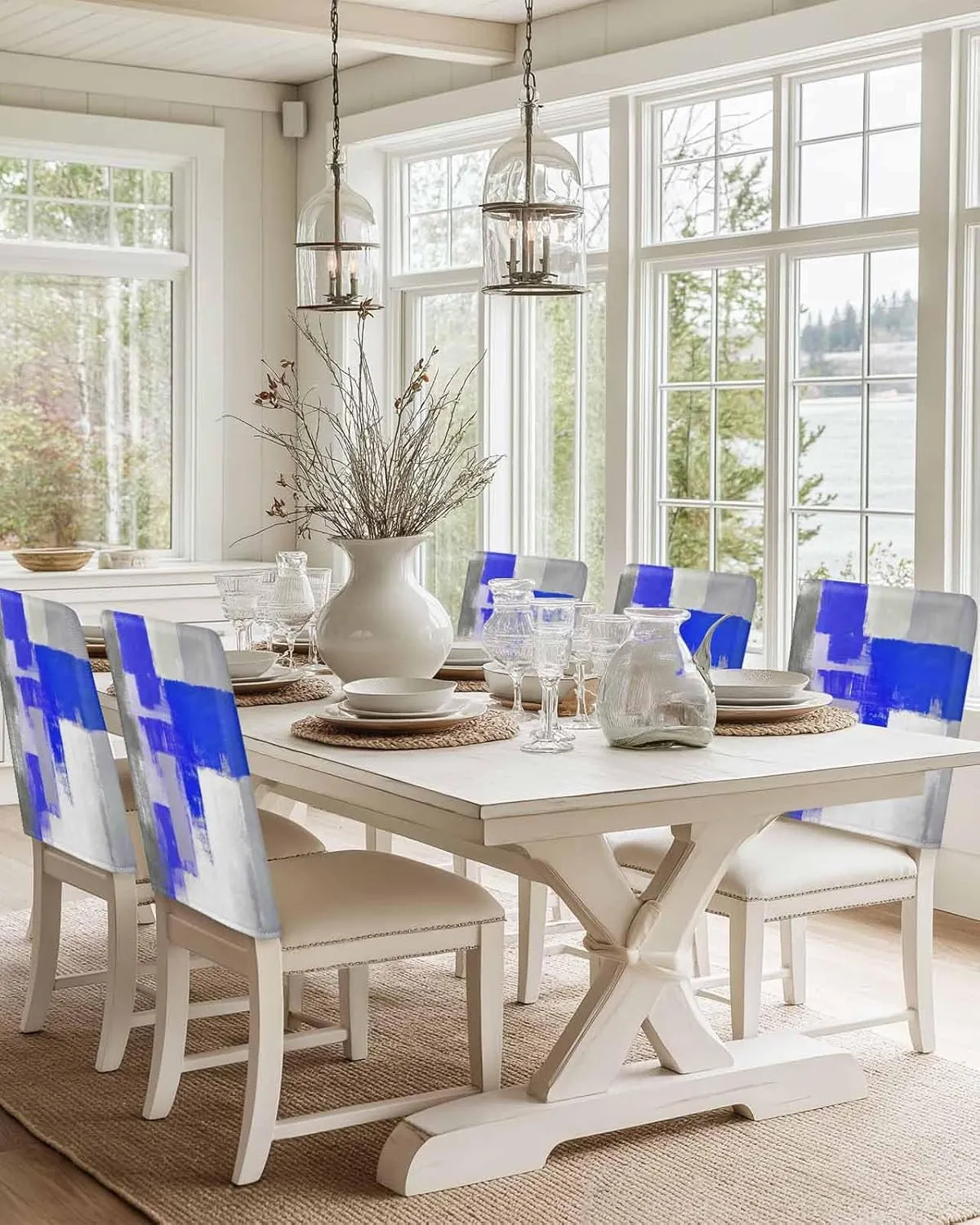 Chair Covers Set of 6 Modern Blue Smear Pigment 1 Chair Back Covers Stretch Removable Washable Slipcovers Seat Protector for Dining Room Kitchen Party Decor