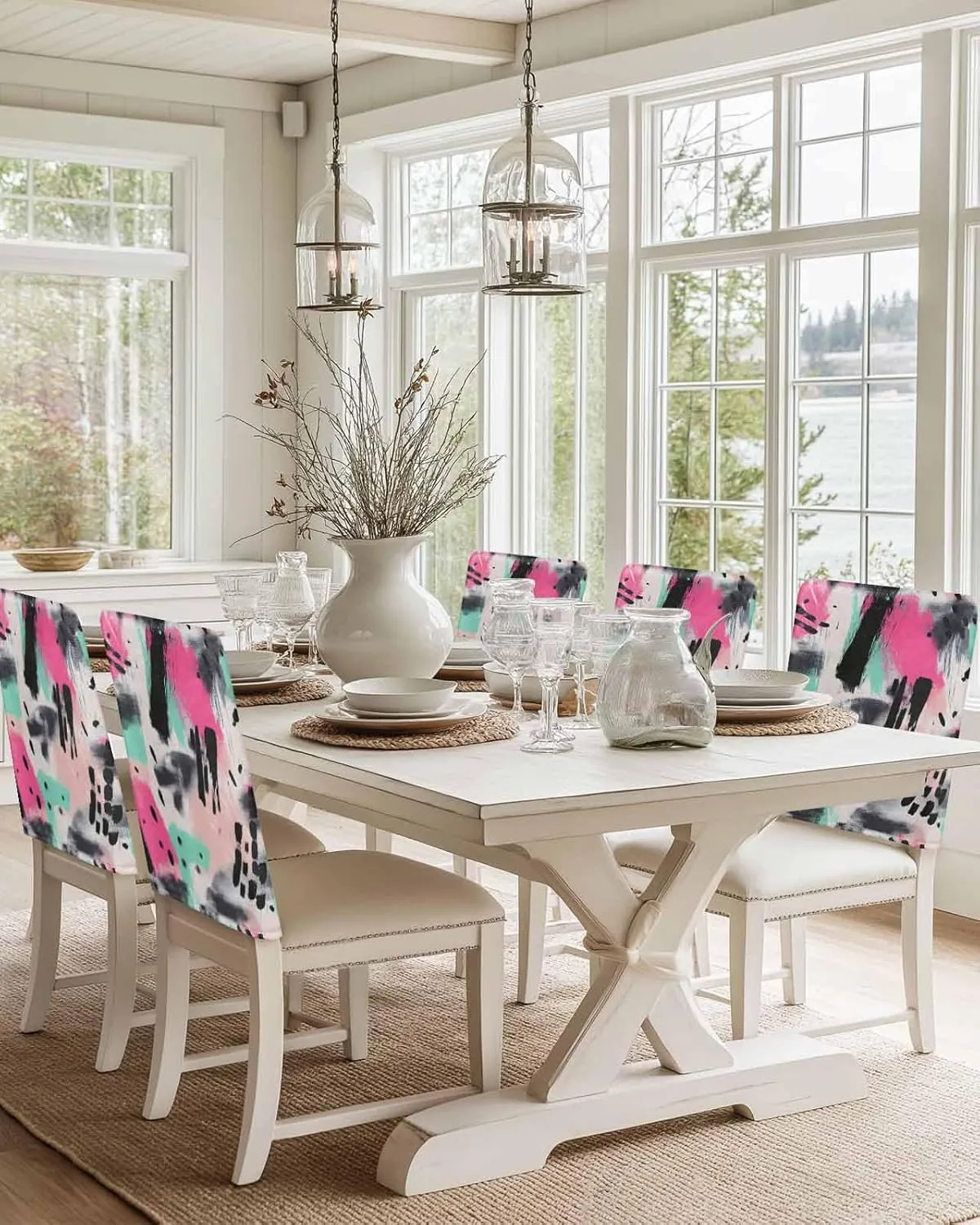 Chair Covers Set of 8 Simple Style Abstract Art Oil Painting 3 Chair Back Covers Stretch Removable Washable Slipcovers Seat Protector for Dining Room Kitchen Party Decor