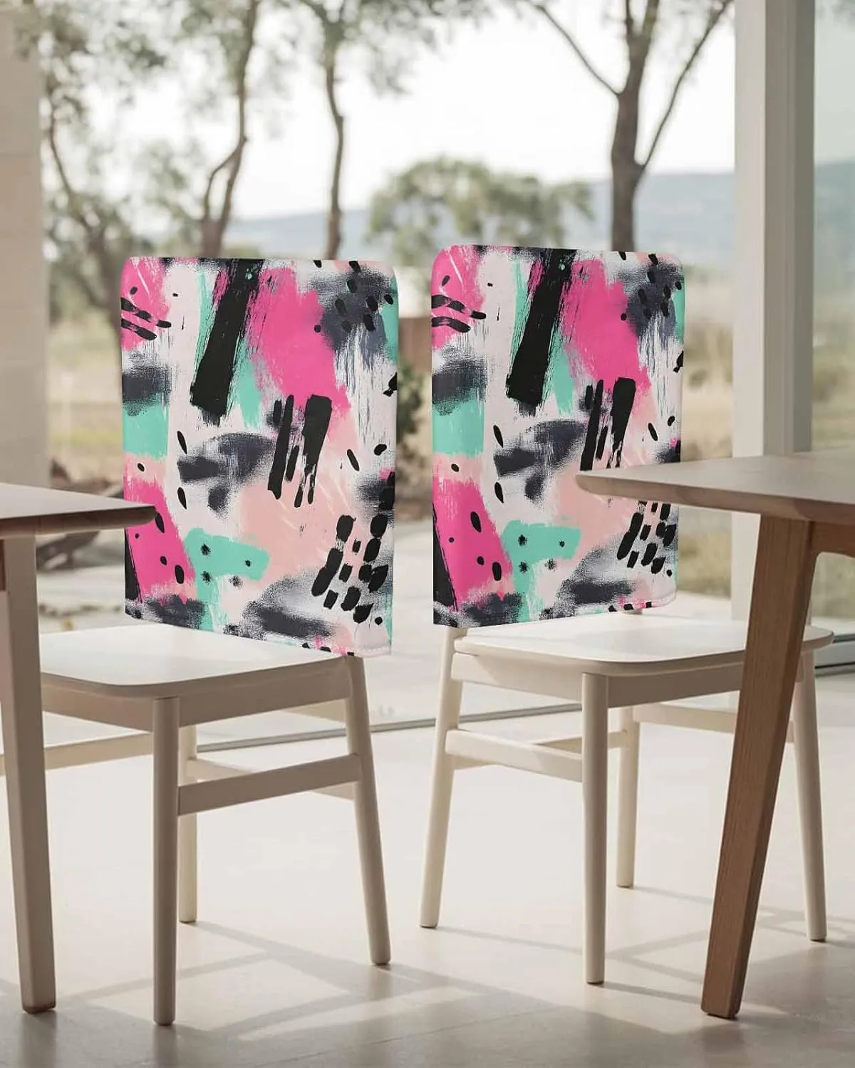 Chair Covers Set of 8 Simple Style Abstract Art Oil Painting 3 Chair Back Covers Stretch Removable Washable Slipcovers Seat Protector for Dining Room Kitchen Party Decor