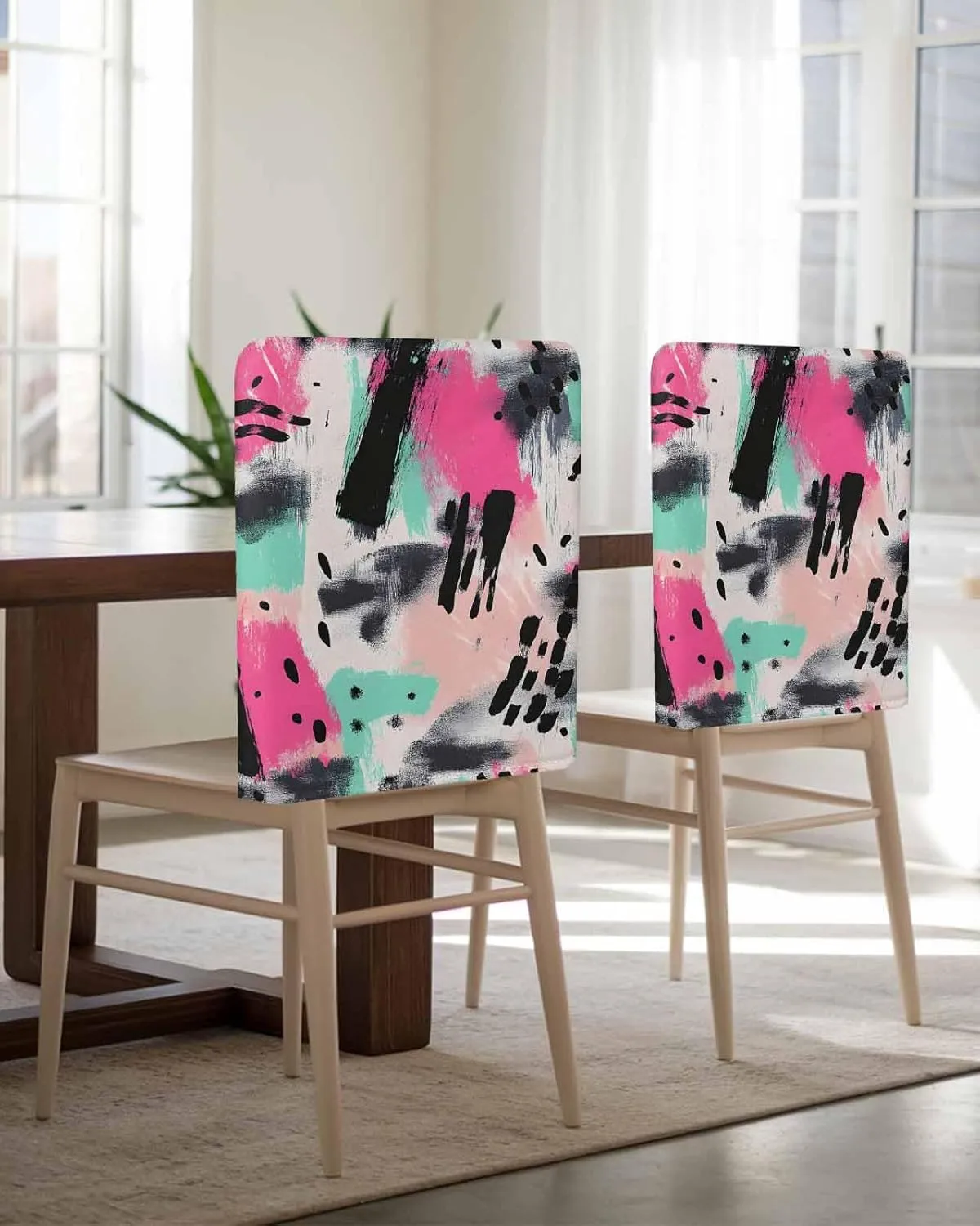 Chair Covers Set of 8 Simple Style Abstract Art Oil Painting 3 Chair Back Covers Stretch Removable Washable Slipcovers Seat Protector for Dining Room Kitchen Party Decor