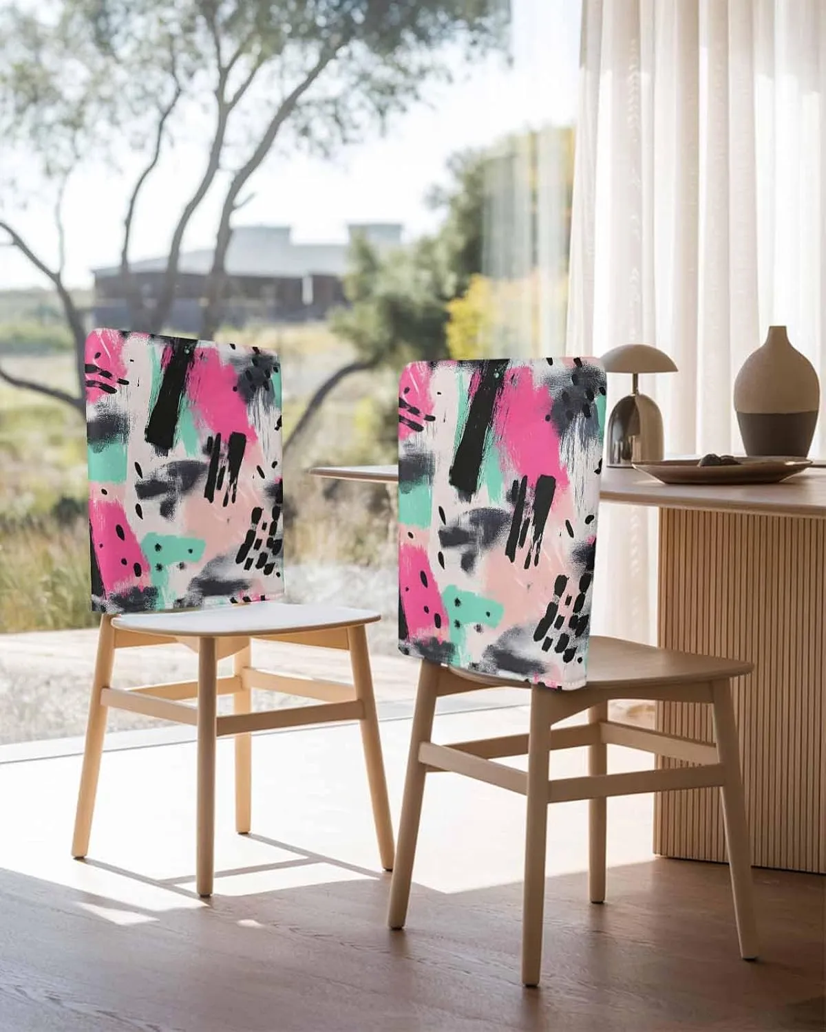 Chair Covers Set of 8 Simple Style Abstract Art Oil Painting 3 Chair Back Covers Stretch Removable Washable Slipcovers Seat Protector for Dining Room Kitchen Party Decor