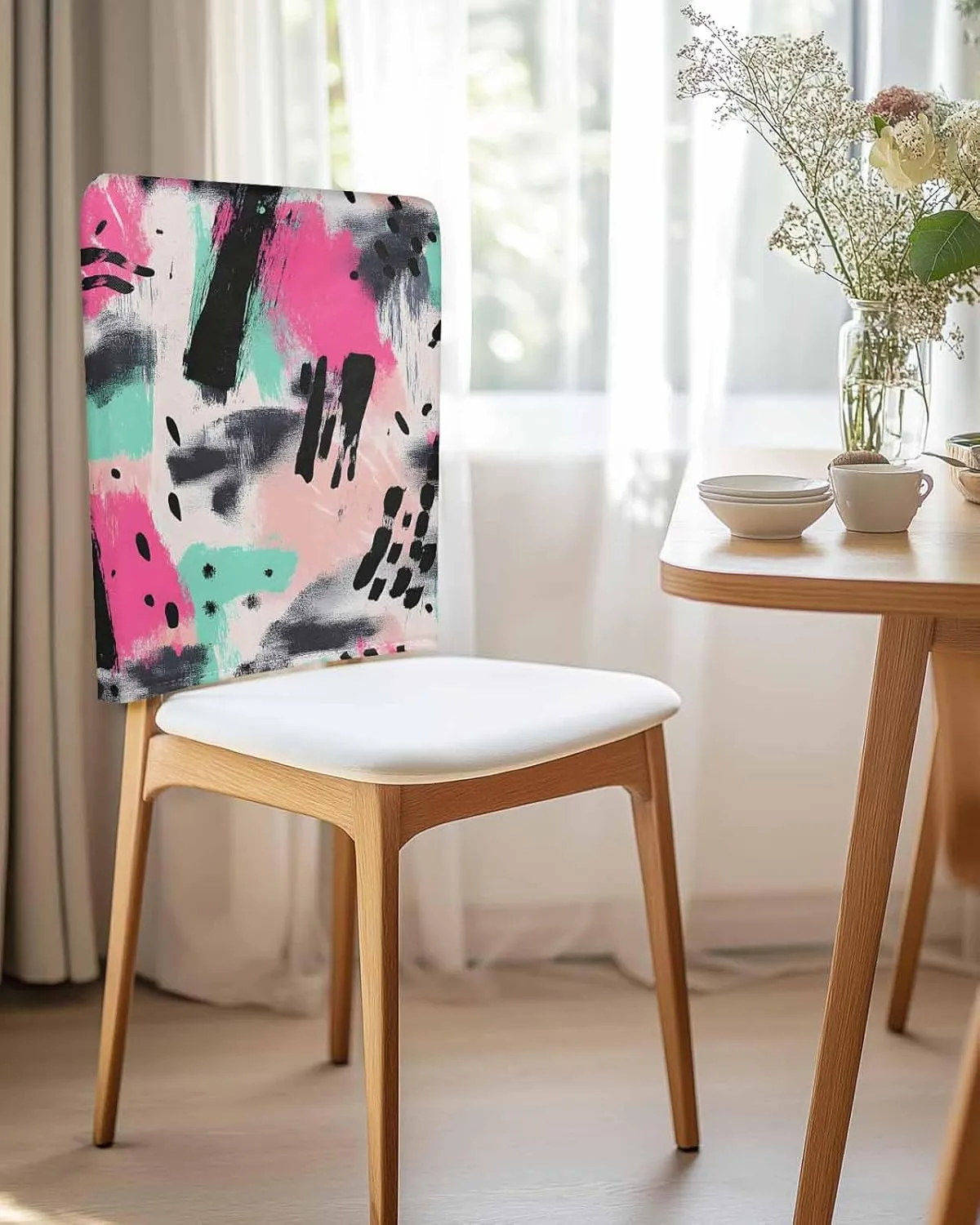 Chair Covers Set of 8 Simple Style Abstract Art Oil Painting 3 Chair Back Covers Stretch Removable Washable Slipcovers Seat Protector for Dining Room Kitchen Party Decor
