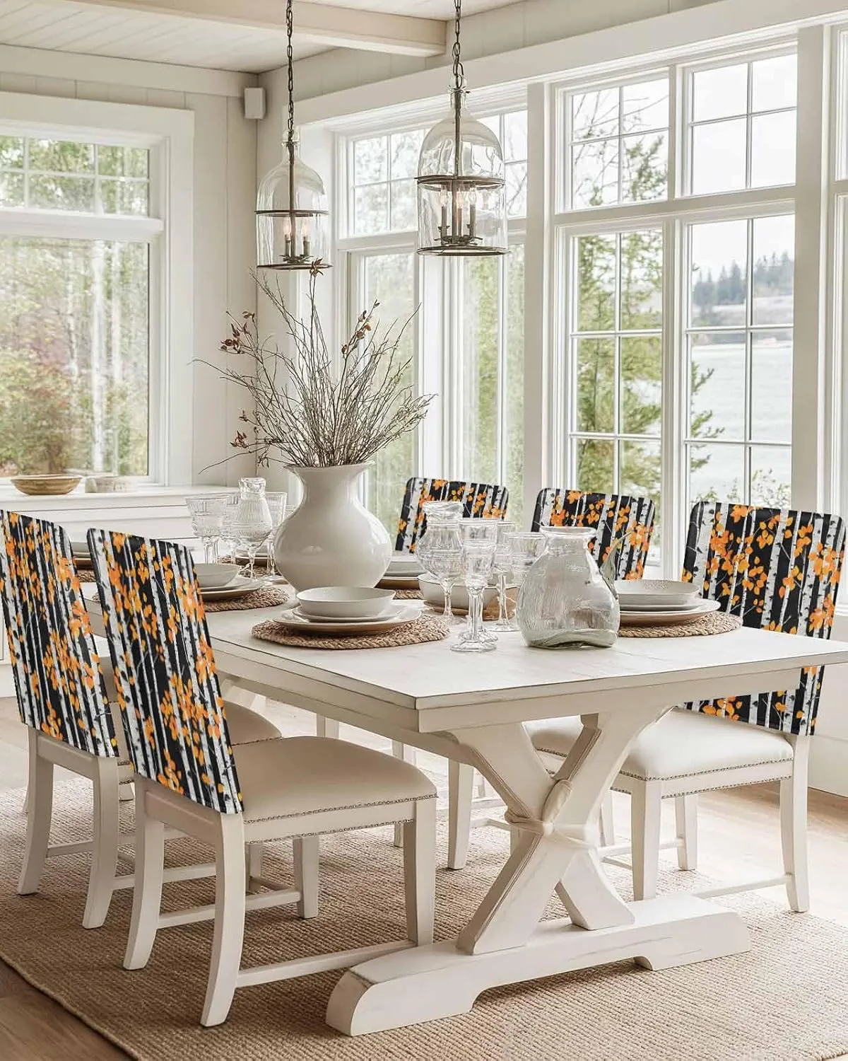 Chair Covers Set of 8 Tree Trunk Retro Chair Back Covers Stretch Removable Washable Slipcovers Seat Protector for Dining Room Kitchen Party Decor