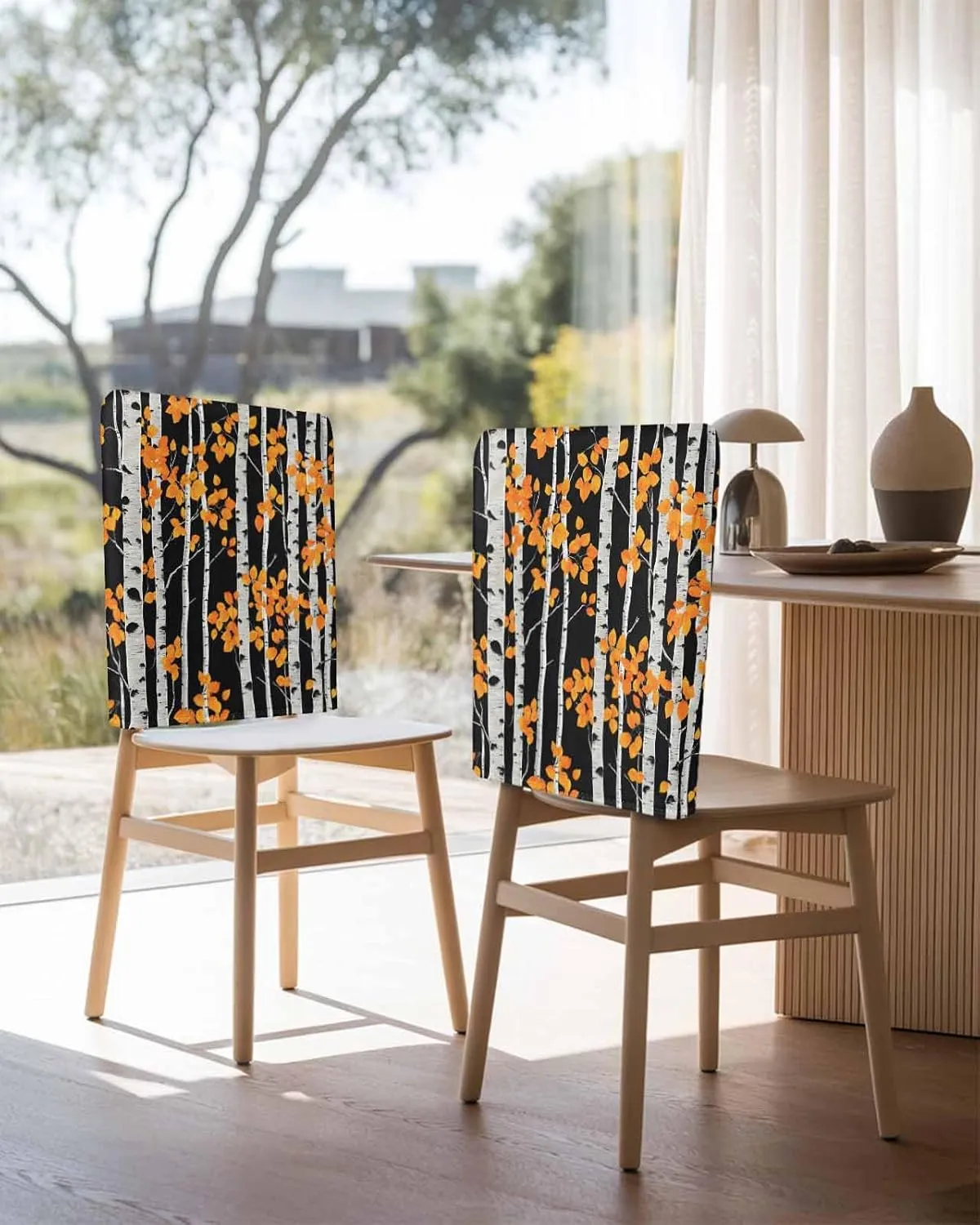 Chair Covers Set of 8 Tree Trunk Retro Chair Back Covers Stretch Removable Washable Slipcovers Seat Protector for Dining Room Kitchen Party Decor
