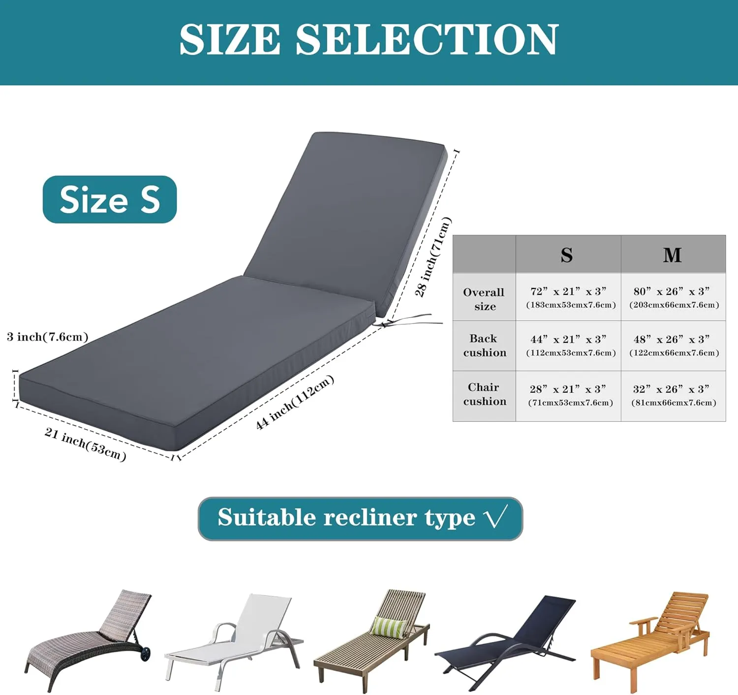 Chaise Lounge Cushion for Outdoor Furniture, Waterproof Fade and Tear Resistant Lounge Deck Chair Cushions for Patio Lawn Pool Resort Hotel, 80x26x3 Inch, Dark Grey