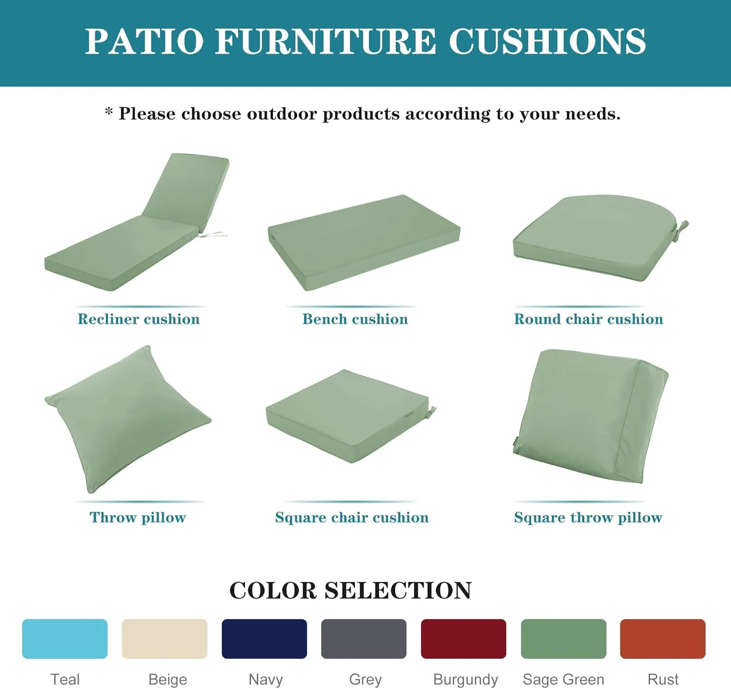 Chaise Lounge Cushion for Outdoor Furniture, Waterproof Fade and Tear Resistant Lounge Deck Chair Cushions for Patio Lawn Pool Resort Hotel, 80x26x3 Inch, Sage Green