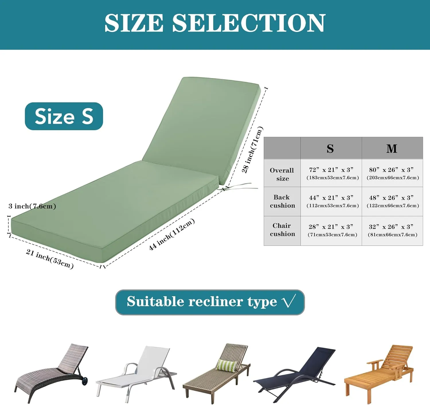 Chaise Lounge Cushion for Outdoor Furniture, Waterproof Fade and Tear Resistant Lounge Deck Chair Cushions for Patio Lawn Pool Resort Hotel, 80x26x3 Inch, Sage Green