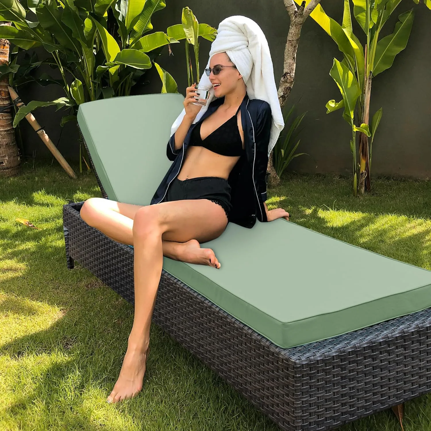 Chaise Lounge Cushion for Outdoor Furniture, Waterproof Fade and Tear Resistant Lounge Deck Chair Cushions for Patio Lawn Pool Resort Hotel, 80x26x3 Inch, Sage Green