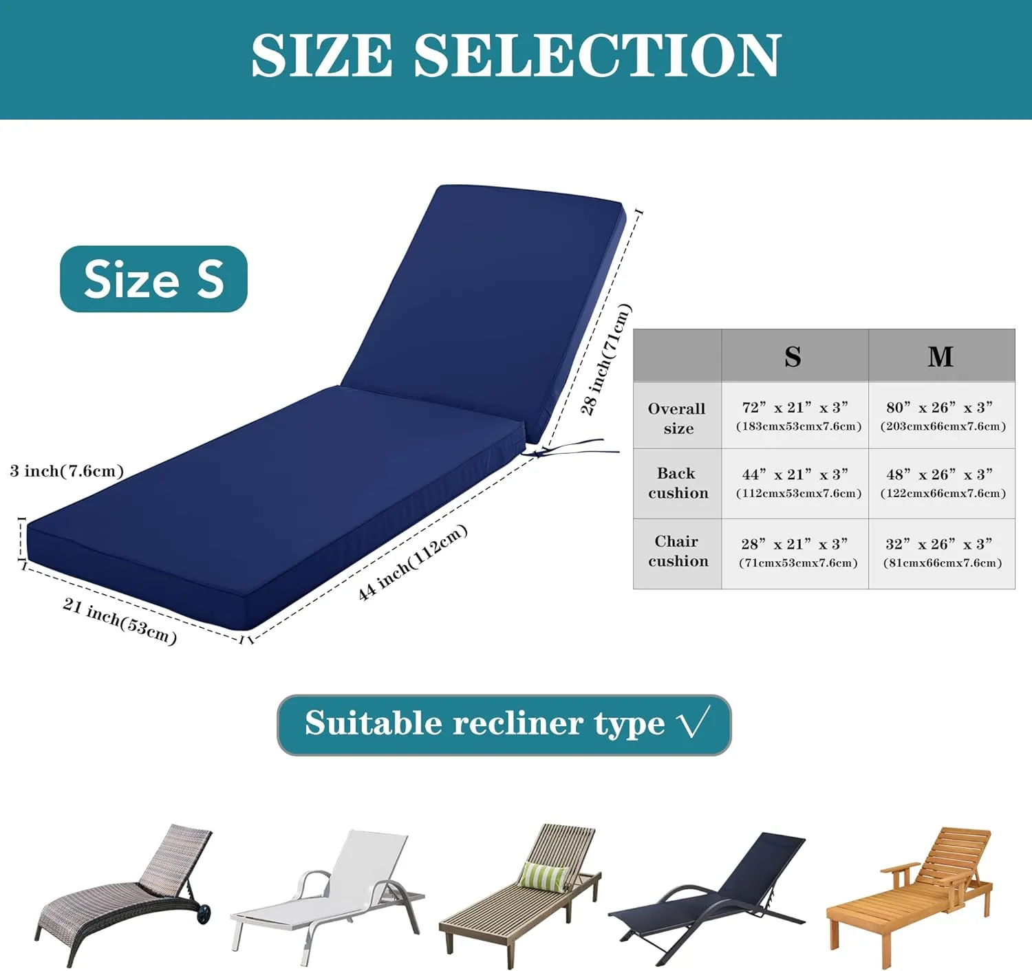 Chaise Lounge Cushion Outdoor, Waterproof and Stain-Resistant Lounge Deck Reclining Chair Cushions for Patio Furniture Lawn Pool Resort Hotel, 80x26x3 Inch, Set of 4, Navy