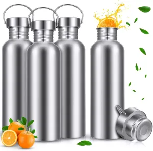 CHENGU 4 Pack Uninsulated Single Walled Stainless Steel Sports Water Bottle 304 18/8 Stainless Steel Camping Water Bottle for Cyclists, Runners, Hikers (34 oz)