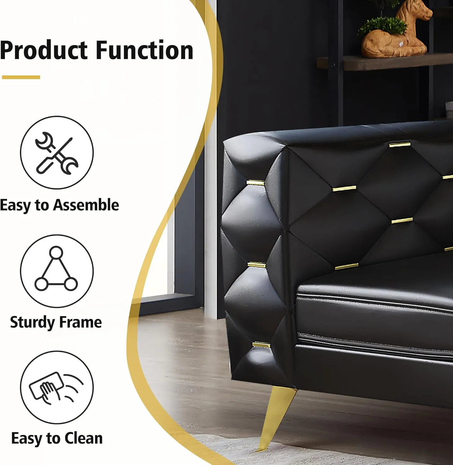 Chesterfield Chair, Faux Leather Upholstered Couch with Square Arms and Tufted Back, Mid-Century Modern Sofa Couch with Metal Buckle Decor and Metal Legs for Living Room, Office, Bedroom (Black)