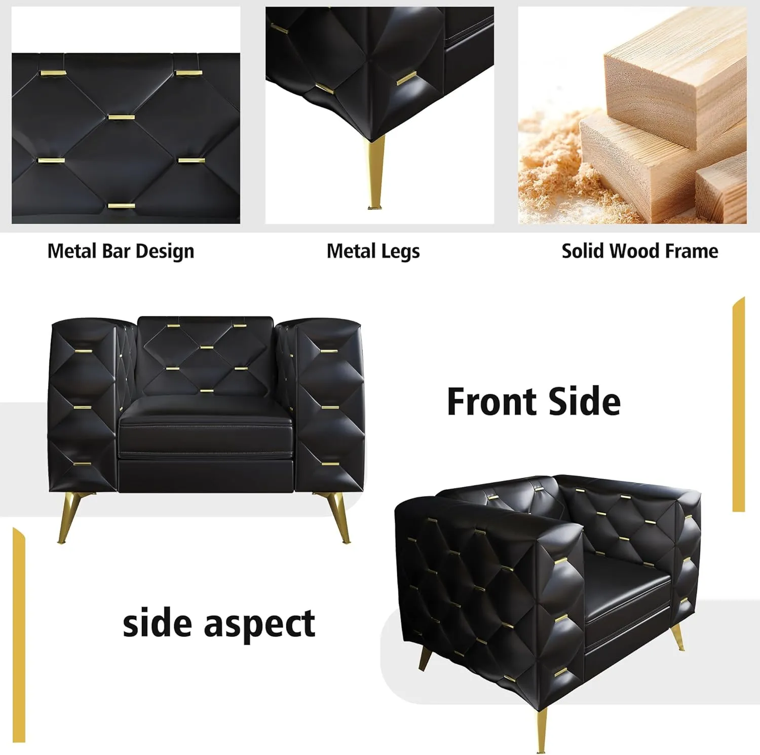 Chesterfield Chair, Faux Leather Upholstered Couch with Square Arms and Tufted Back, Mid-Century Modern Sofa Couch with Metal Buckle Decor and Metal Legs for Living Room, Office, Bedroom (Black)