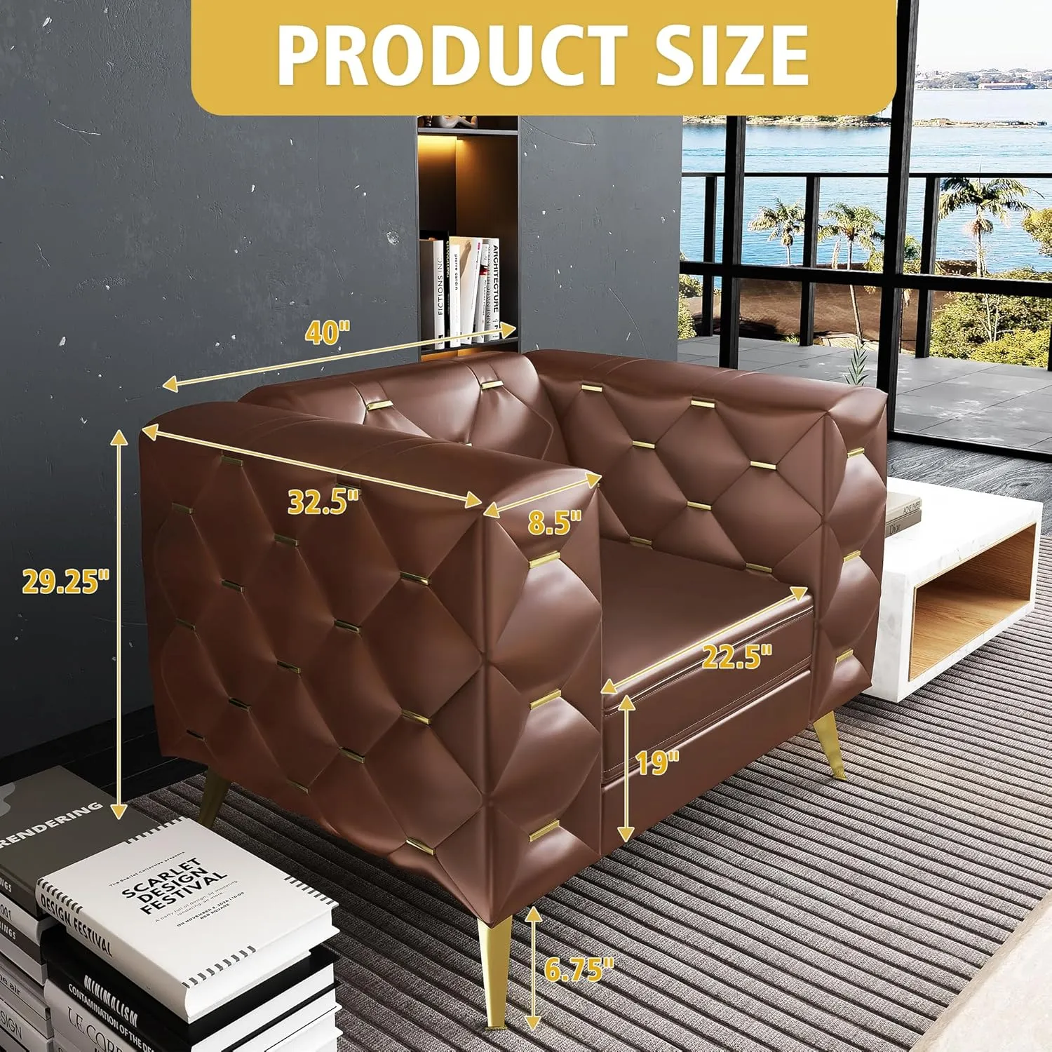Chesterfield Chair, Faux Leather Upholstered Couch with Square Arms and Tufted Back, Mid-Century Modern Sofa Couch with Metal Buckle Decor and Metal Legs for Living Room, Office, Bedroom (Dark Brown)