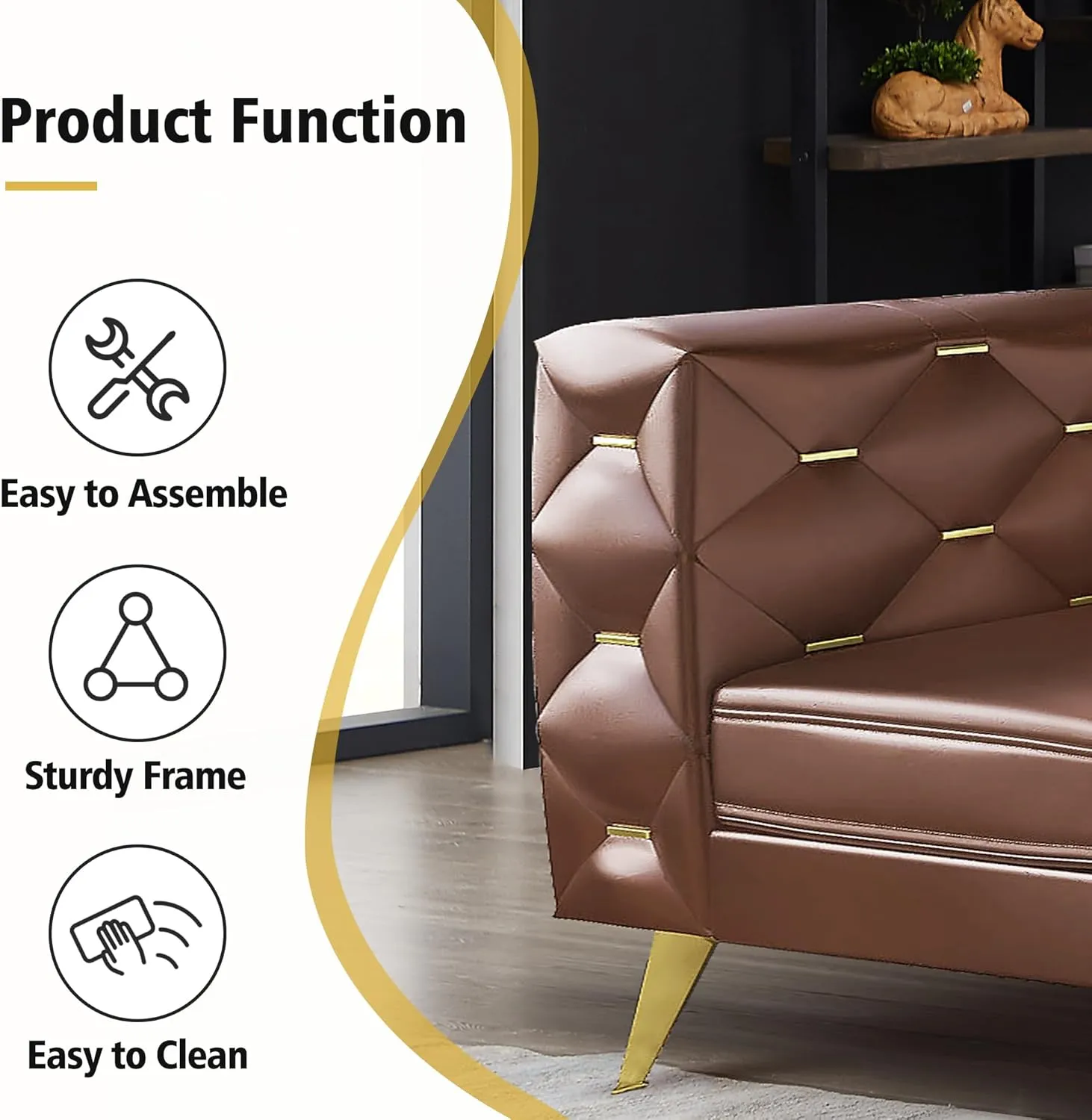 Chesterfield Chair, Faux Leather Upholstered Couch with Square Arms and Tufted Back, Mid-Century Modern Sofa Couch with Metal Buckle Decor and Metal Legs for Living Room, Office, Bedroom (Dark Brown)