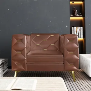 Chesterfield Chair, Faux Leather Upholstered Couch with Square Arms and Tufted Back, Mid-Century Modern Sofa Couch with Metal Buckle Decor and Metal Legs for Living Room, Office, Bedroom (Dark Brown)