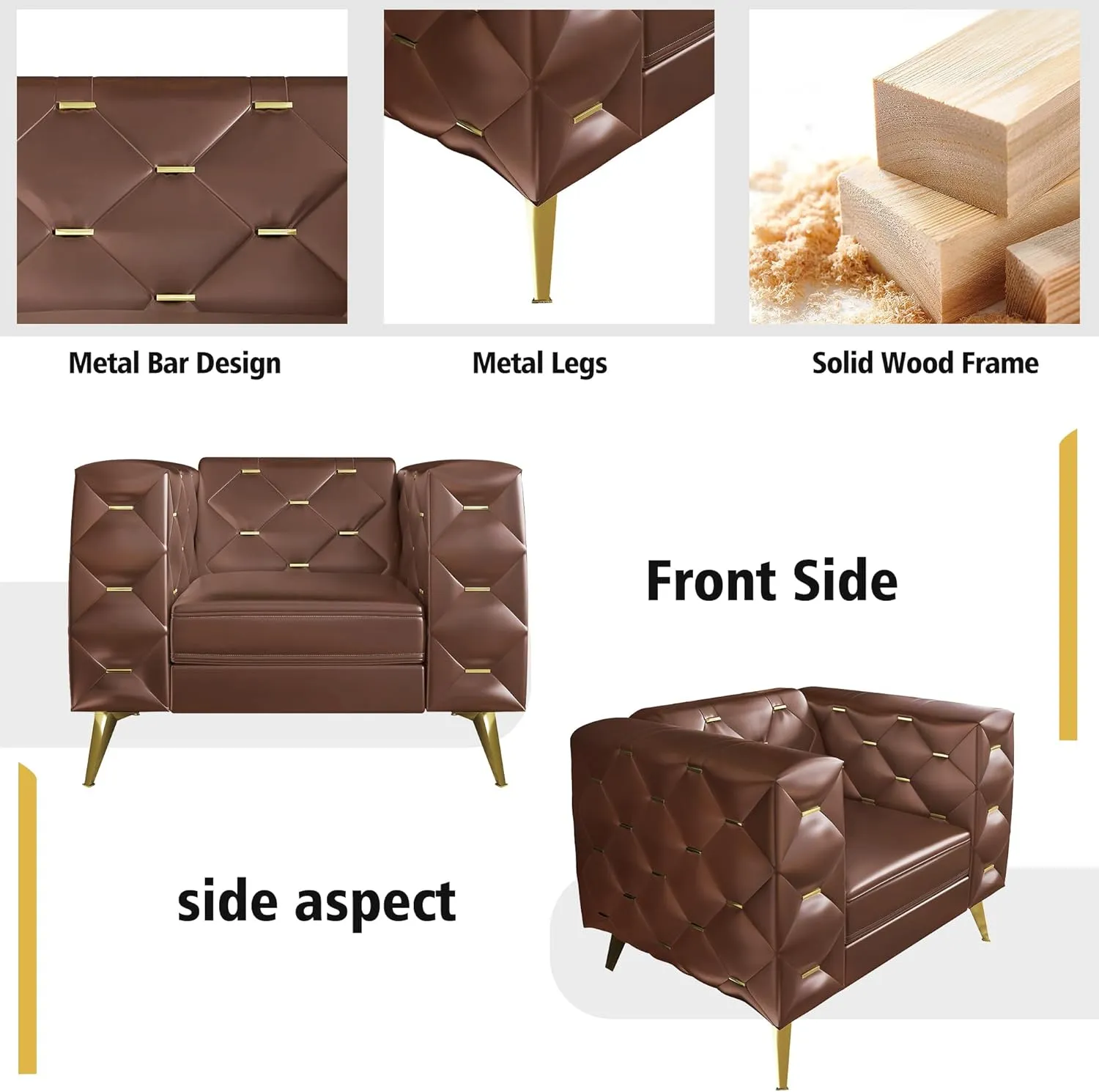 Chesterfield Chair, Faux Leather Upholstered Couch with Square Arms and Tufted Back, Mid-Century Modern Sofa Couch with Metal Buckle Decor and Metal Legs for Living Room, Office, Bedroom (Dark Brown)