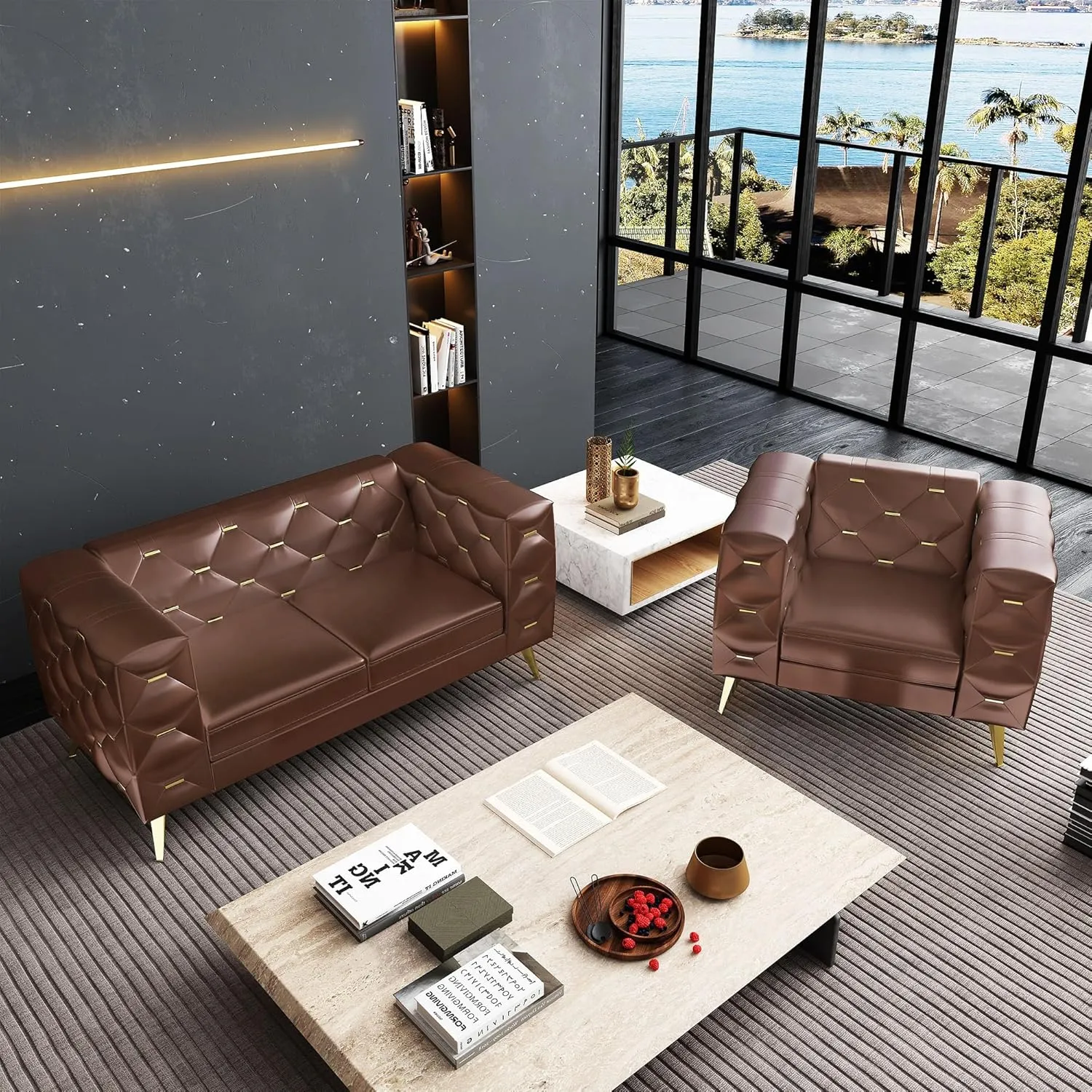 Chesterfield Chair, Faux Leather Upholstered Couch with Square Arms and Tufted Back, Mid-Century Modern Sofa Couch with Metal Buckle Decor and Metal Legs for Living Room, Office, Bedroom (Dark Brown)