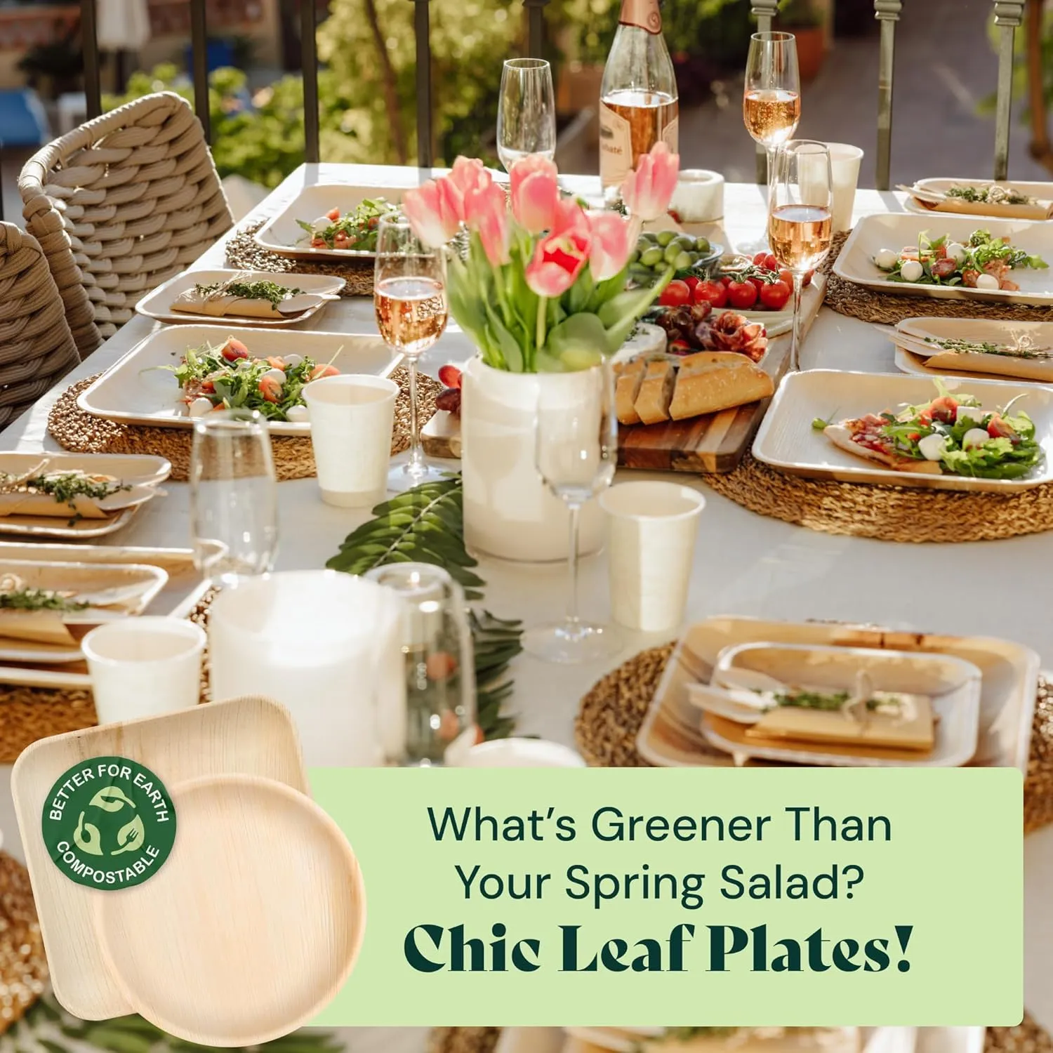 Chic Leaf Compostable & Biodegradable Palm Leaf Disposable Bamboo Plates - Disposable Party Plates for Appetizers - Camping Essentials - Reusable Party Supplies (10 & 7 Inch Square)