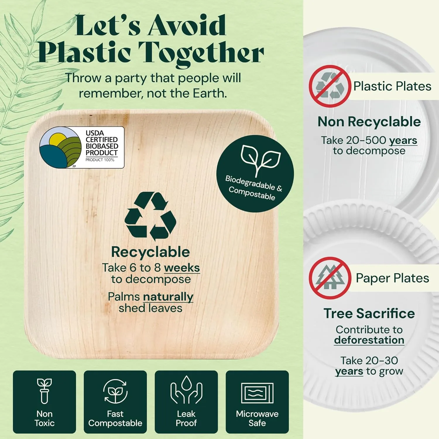 Chic Leaf Compostable & Biodegradable Palm Leaf Disposable Bamboo Plates - Disposable Party Plates for Appetizers - Camping Essentials - Reusable Party Supplies (10 & 7 Inch Square)